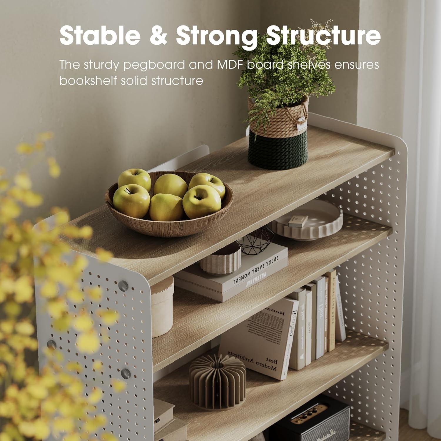 image:imageFenge 4 Tier Bookshelf Modern Open Bookcase with Pegboard 243 Inches Small Book Shelf Storage Organizer with Adjustable Shelves for Living Room Bedroom Home OfficeOak