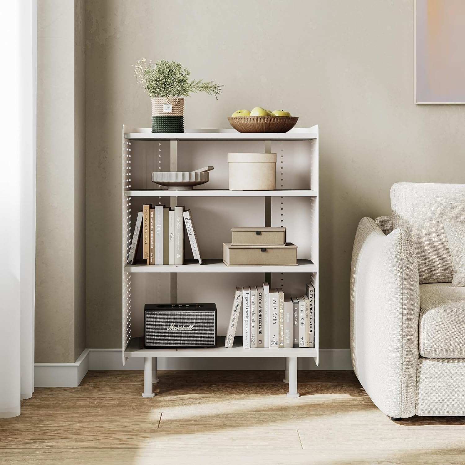 image:imageFenge 4 Tier Bookshelf Modern Open Bookcase with Pegboard 243 Inches Small Book Shelf Storage Organizer with Adjustable Shelves for Living Room Bedroom Home OfficeWhite