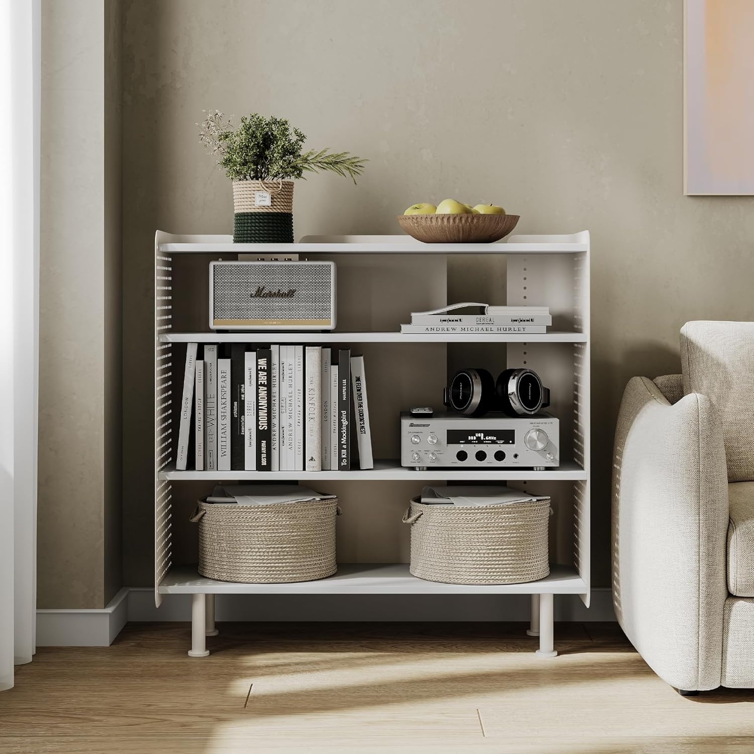 image:imageFenge 4 Tier Bookshelf Modern Open Bookcase with Pegboard 243 Inches Small Book Shelf Storage Organizer with Adjustable Shelves for Living Room Bedroom Home OfficeWhite