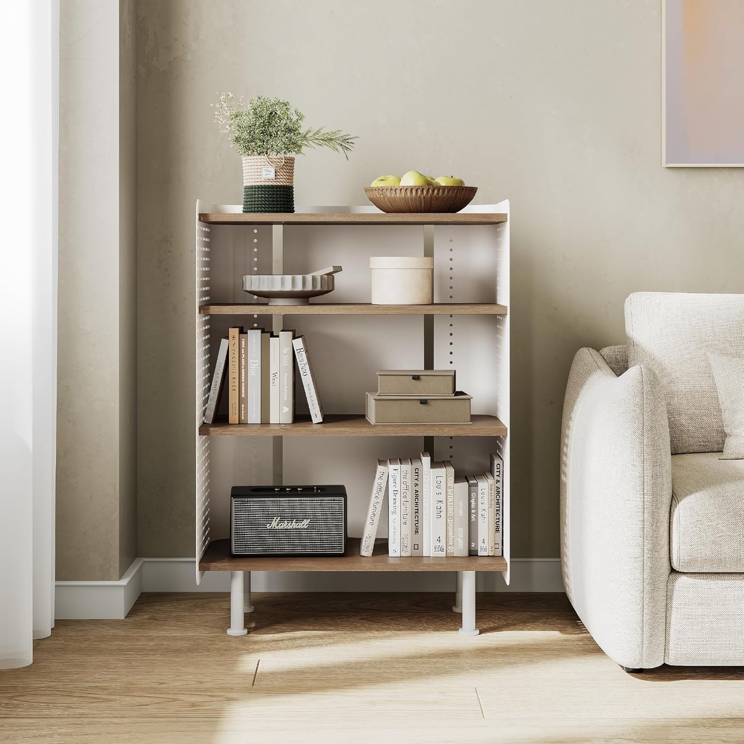 image:imageFenge 4 Tier Bookshelf Modern Open Bookcase with Pegboard 243 Inches Small Book Shelf Storage Organizer with Adjustable Shelves for Living Room Bedroom Home OfficeOak