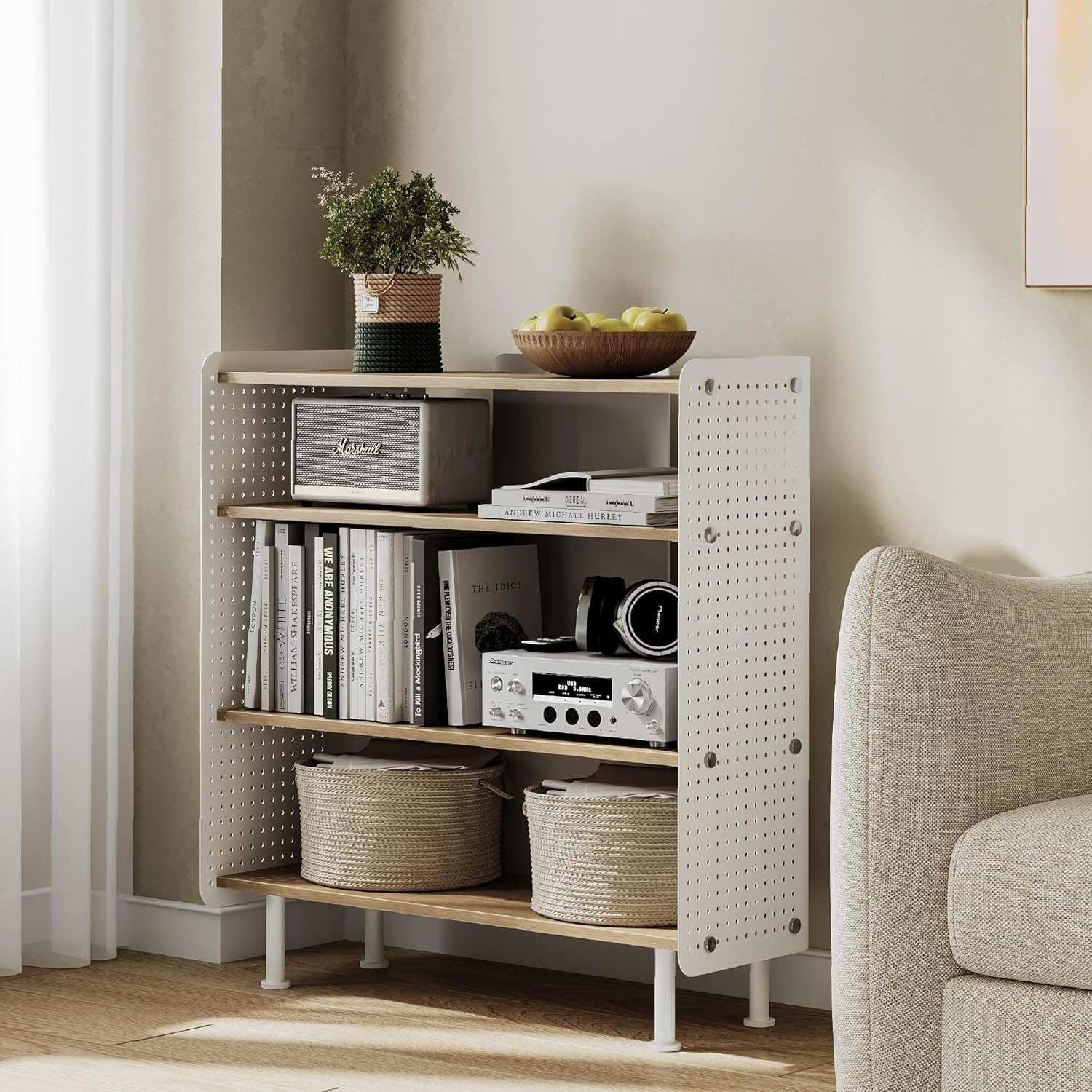 image:imageFenge 4 Tier Bookshelf Modern Open Bookcase with Pegboard 243 Inches Small Book Shelf Storage Organizer with Adjustable Shelves for Living Room Bedroom Home OfficeOak