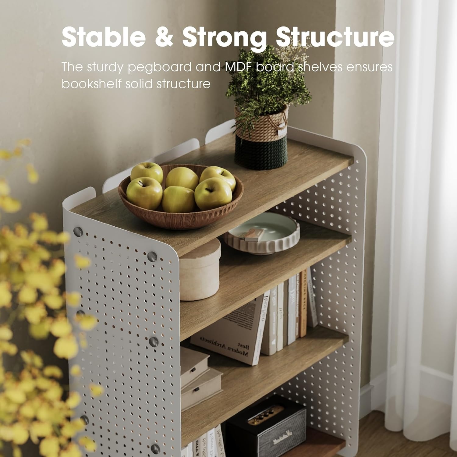 image:imageFenge 4 Tier Bookshelf Modern Open Bookcase with Pegboard 243 Inches Small Book Shelf Storage Organizer with Adjustable Shelves for Living Room Bedroom Home OfficeOak