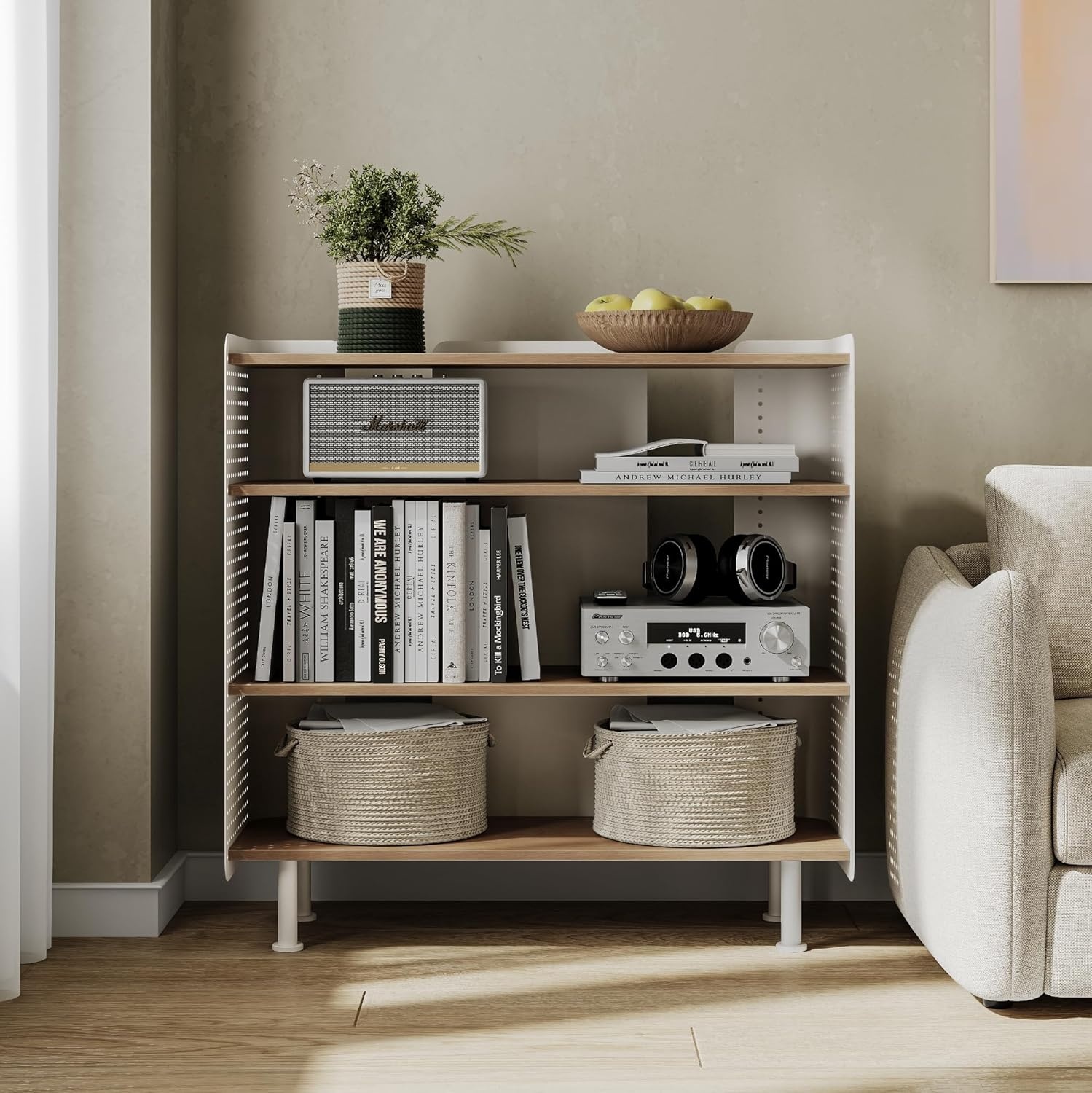 image:imageFenge 4 Tier Bookshelf Modern Open Bookcase with Pegboard 243 Inches Small Book Shelf Storage Organizer with Adjustable Shelves for Living Room Bedroom Home OfficeOak