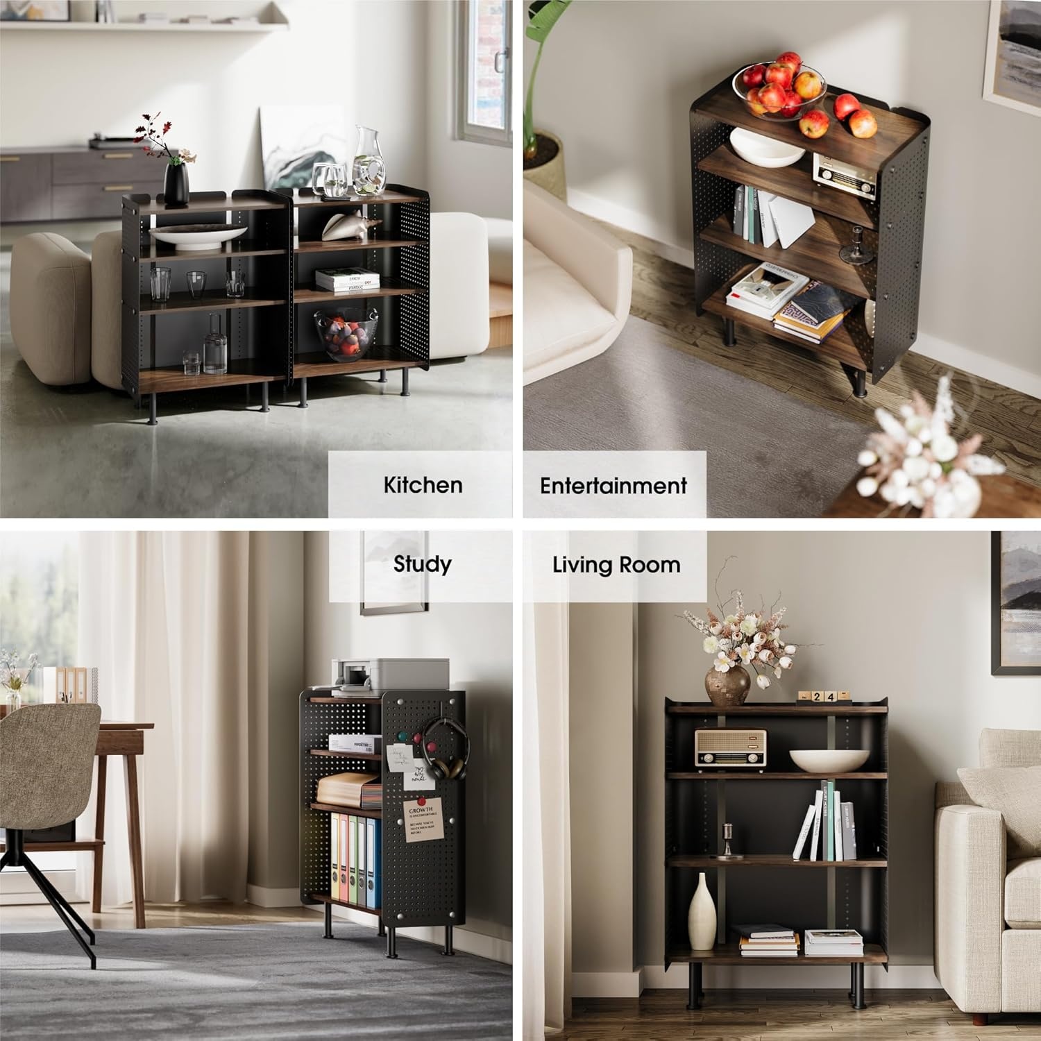 image:imageFenge 4 Tier Bookshelf Modern Open Bookcase with Pegboard 243 Inches Small Book Shelf Storage Organizer with Adjustable Shelves for Living Room Bedroom Home OfficeBrown