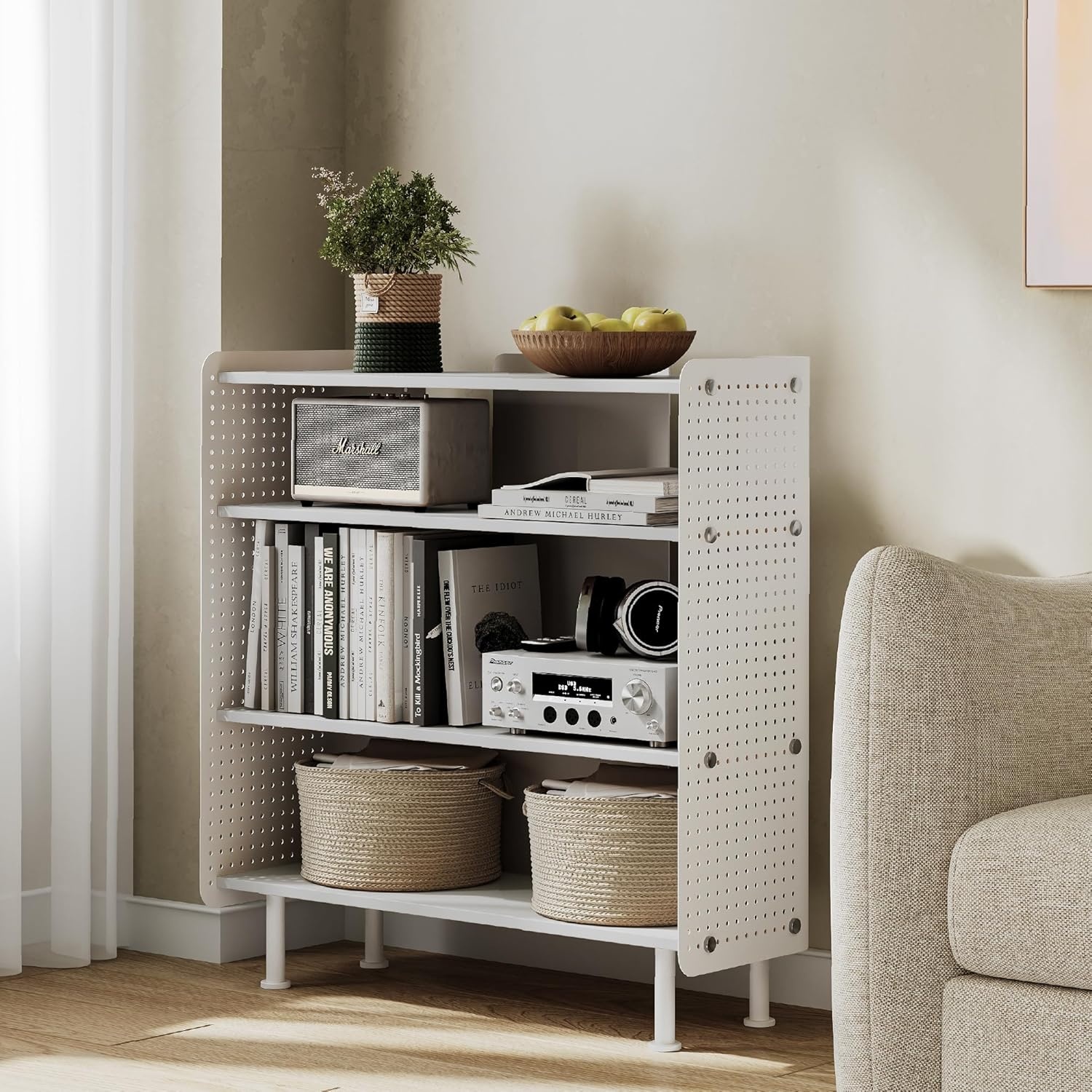 image:imageFenge 4 Tier Bookshelf Modern Open Bookcase with Pegboard 243 Inches Small Book Shelf Storage Organizer with Adjustable Shelves for Living Room Bedroom Home OfficeWhite