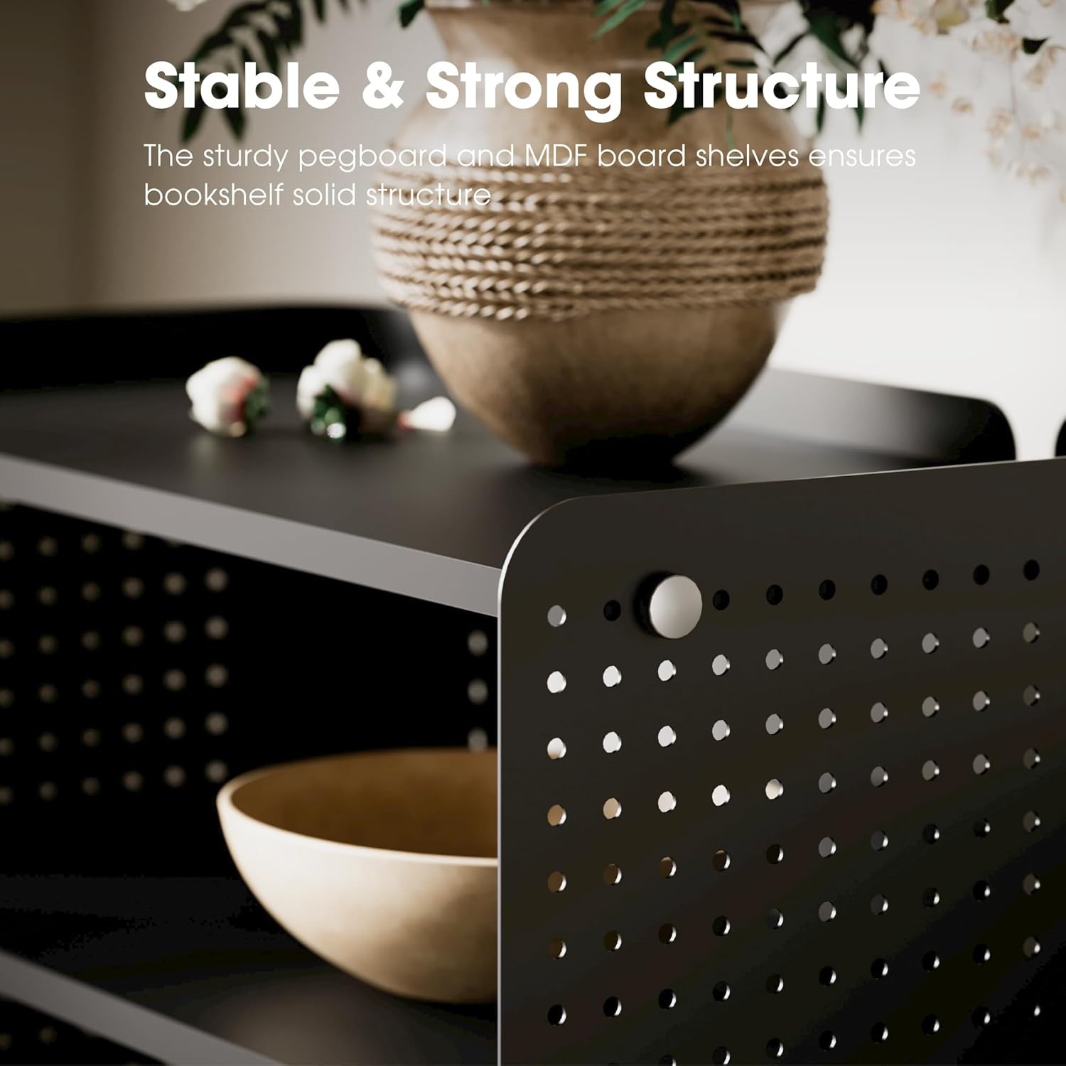 image:imageFenge 4 Tier Bookshelf Modern Open Bookcase with Pegboard 243 Inches Small Book Shelf Storage Organizer with Adjustable Shelves for Living Room Bedroom Home OfficeBlack