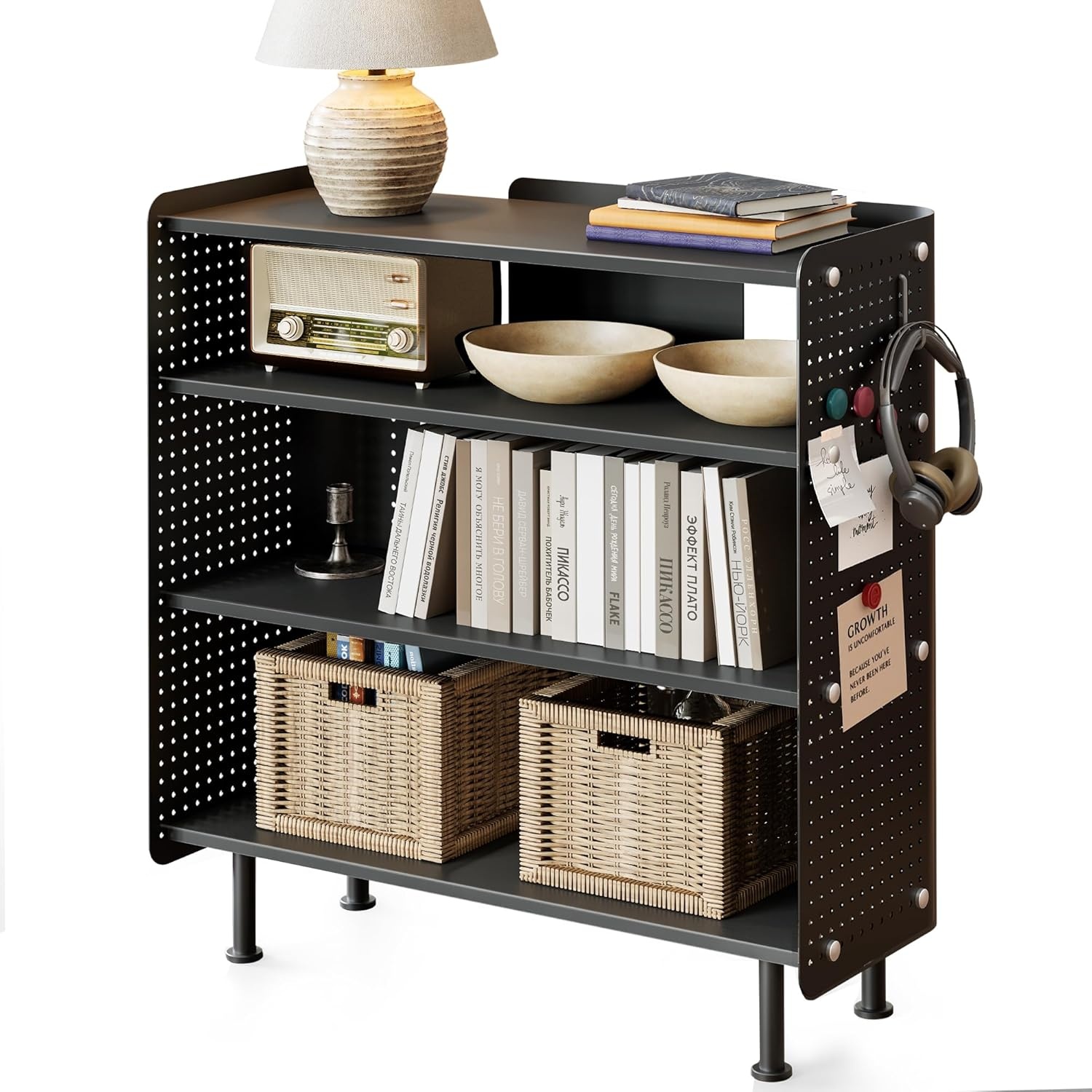 image:imageFenge 4 Tier Bookshelf Modern Open Bookcase with Pegboard 243 Inches Small Book Shelf Storage Organizer with Adjustable Shelves for Living Room Bedroom Home OfficeBlack