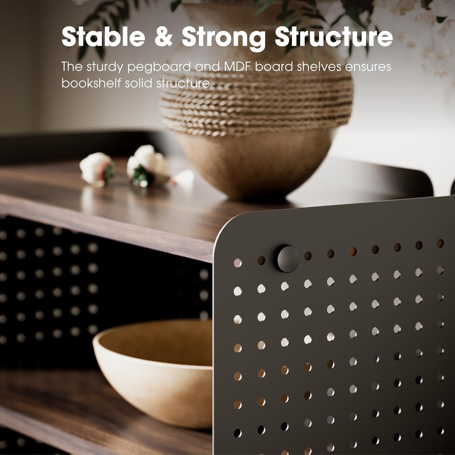 image:imageFenge 4 Tier Bookshelf Modern Open Bookcase with Pegboard 243 Inches Small Book Shelf Storage Organizer with Adjustable Shelves for Living Room Bedroom Home OfficeBrown