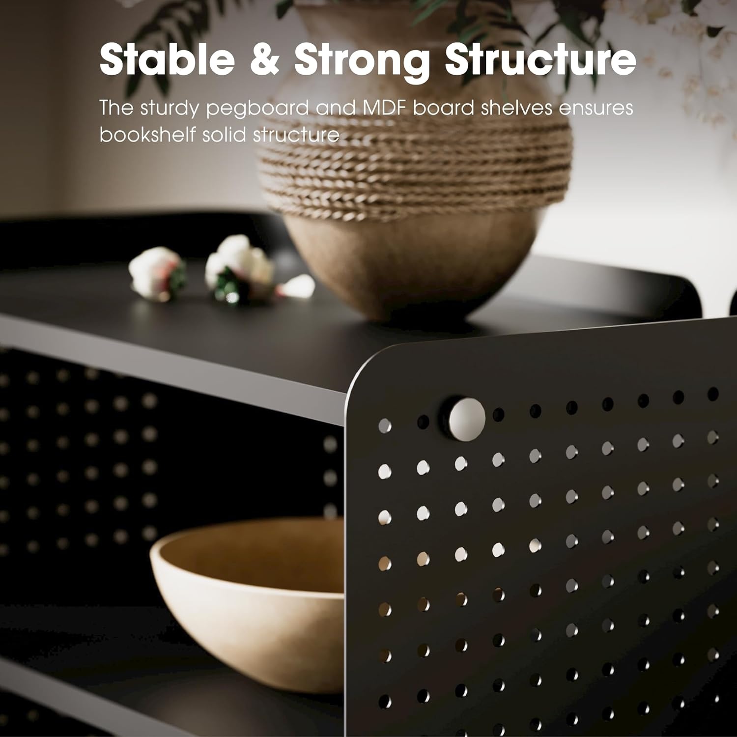 image:imageFenge 4 Tier Bookshelf Modern Open Bookcase with Pegboard 243 Inches Small Book Shelf Storage Organizer with Adjustable Shelves for Living Room Bedroom Home OfficeBlack