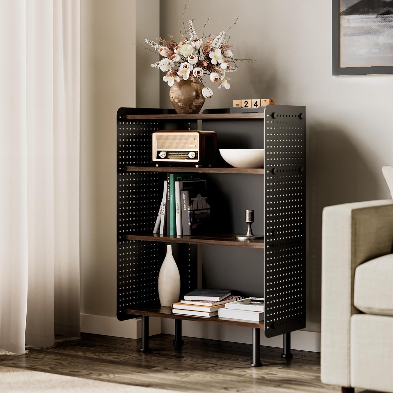 image:imageFenge 4 Tier Bookshelf Modern Open Bookcase with Pegboard 243 Inches Small Book Shelf Storage Organizer with Adjustable Shelves for Living Room Bedroom Home OfficeBrown