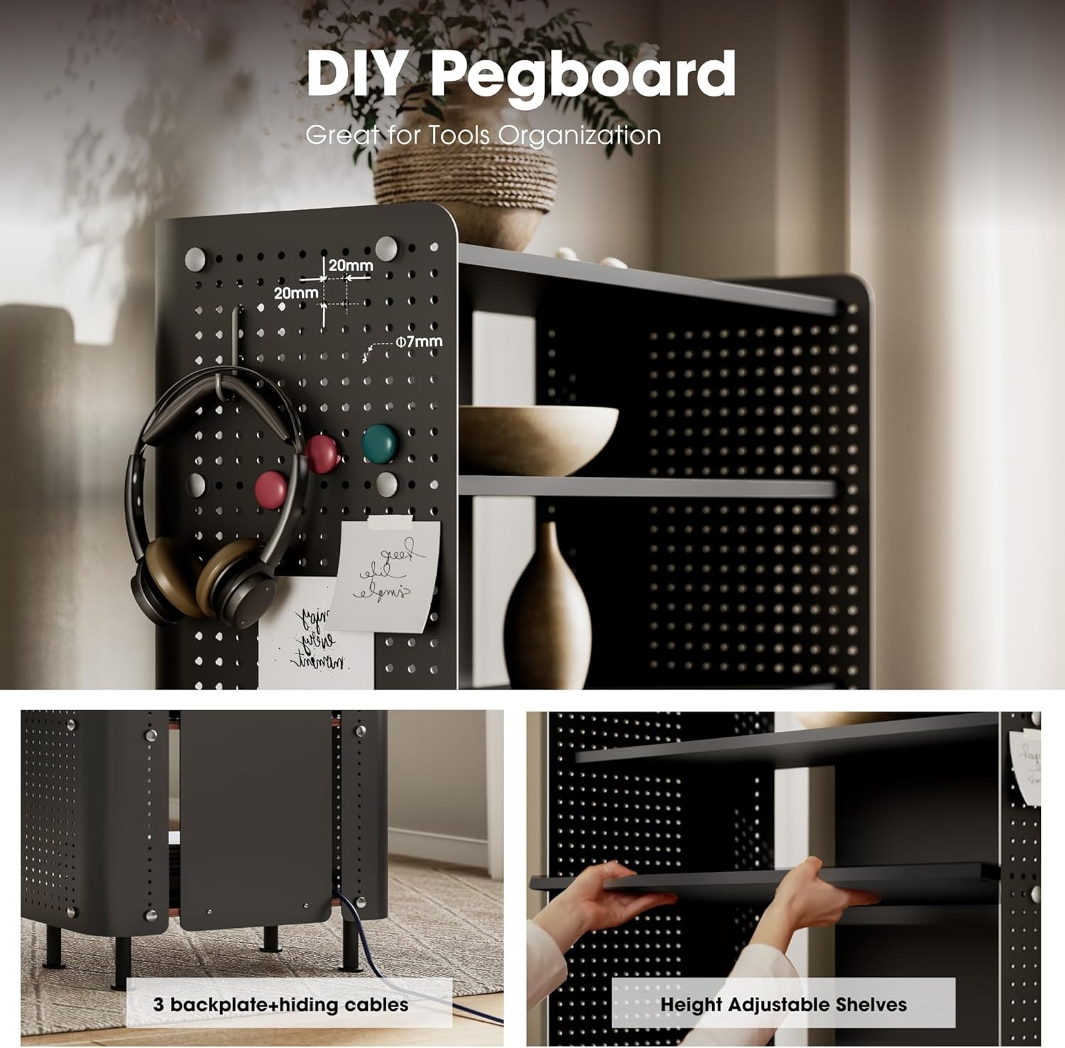 image:imageFenge 4 Tier Bookshelf Modern Open Bookcase with Pegboard 243 Inches Small Book Shelf Storage Organizer with Adjustable Shelves for Living Room Bedroom Home OfficeBlack