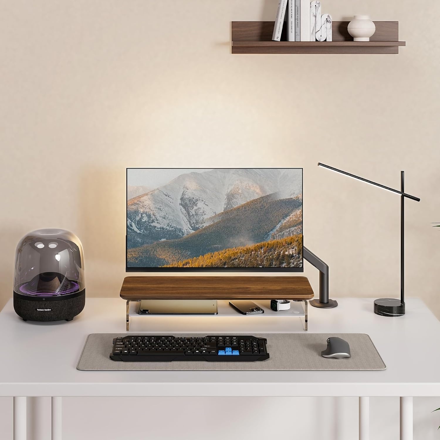 image:imageFenge Acrylic Monitor Stand Riser 425 Inches Dual Monitor Stand with Metal Storage 2 Tier Acrylic Computer Riser for Desk Clear Laptop Stand for PC Laptop Printer TV WhiteBrown