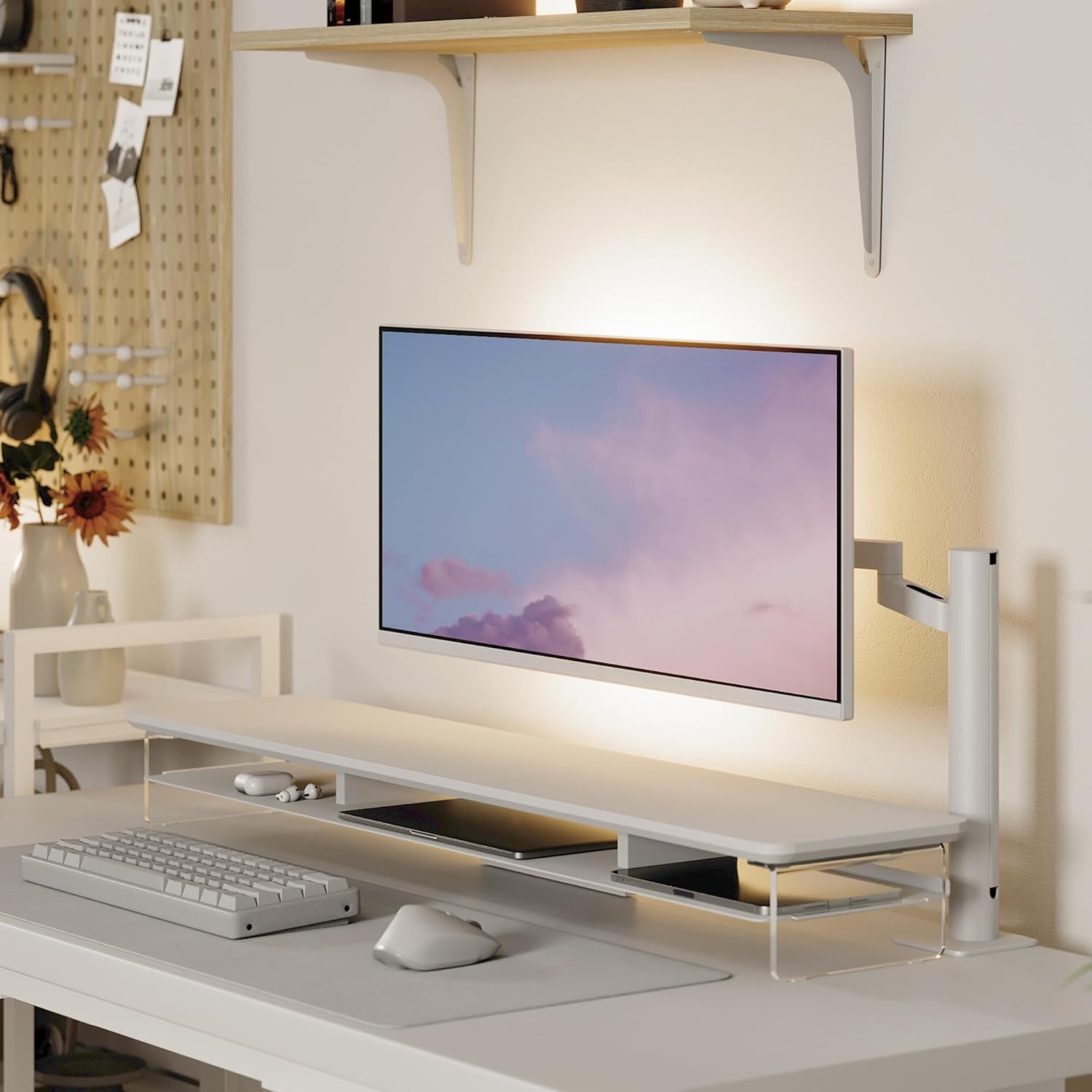 image:imageFenge Acrylic Monitor Stand Riser 425 Inches Dual Monitor Stand with Metal Storage 2 Tier Acrylic Computer Riser for Desk Clear Laptop Stand for PC Laptop Printer TV WhiteWhite
