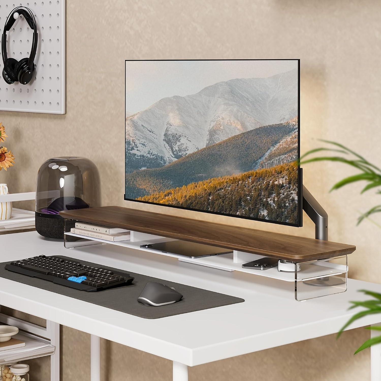 image:imageFenge Acrylic Monitor Stand Riser 425 Inches Dual Monitor Stand with Metal Storage 2 Tier Acrylic Computer Riser for Desk Clear Laptop Stand for PC Laptop Printer TV WhiteBrown
