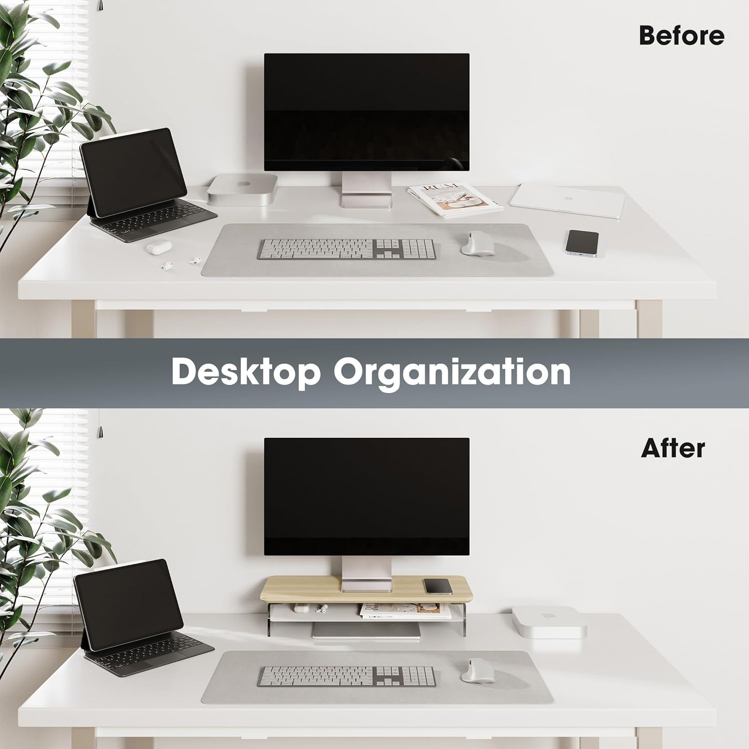 image:imageFenge Acrylic Monitor Stand Riser 425 Inches Dual Monitor Stand with Metal Storage 2 Tier Acrylic Computer Riser for Desk Clear Laptop Stand for PC Laptop Printer TV WhiteOak