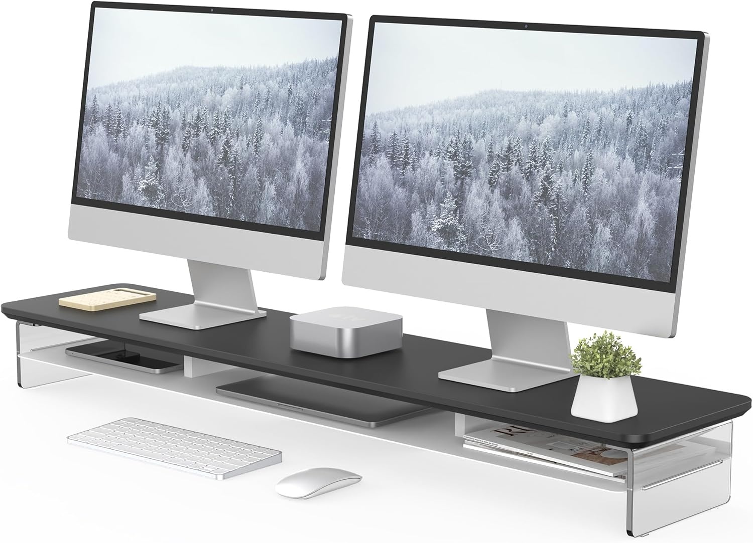 image:imageFenge Acrylic Monitor Stand Riser 425 Inches Dual Monitor Stand with Metal Storage 2 Tier Acrylic Computer Riser for Desk Clear Laptop Stand for PC Laptop Printer TV WhiteBlack