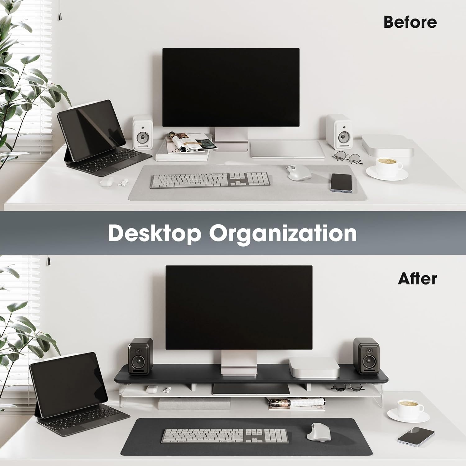 image:imageFenge Acrylic Monitor Stand Riser 425 Inches Dual Monitor Stand with Metal Storage 2 Tier Acrylic Computer Riser for Desk Clear Laptop Stand for PC Laptop Printer TV WhiteBlack