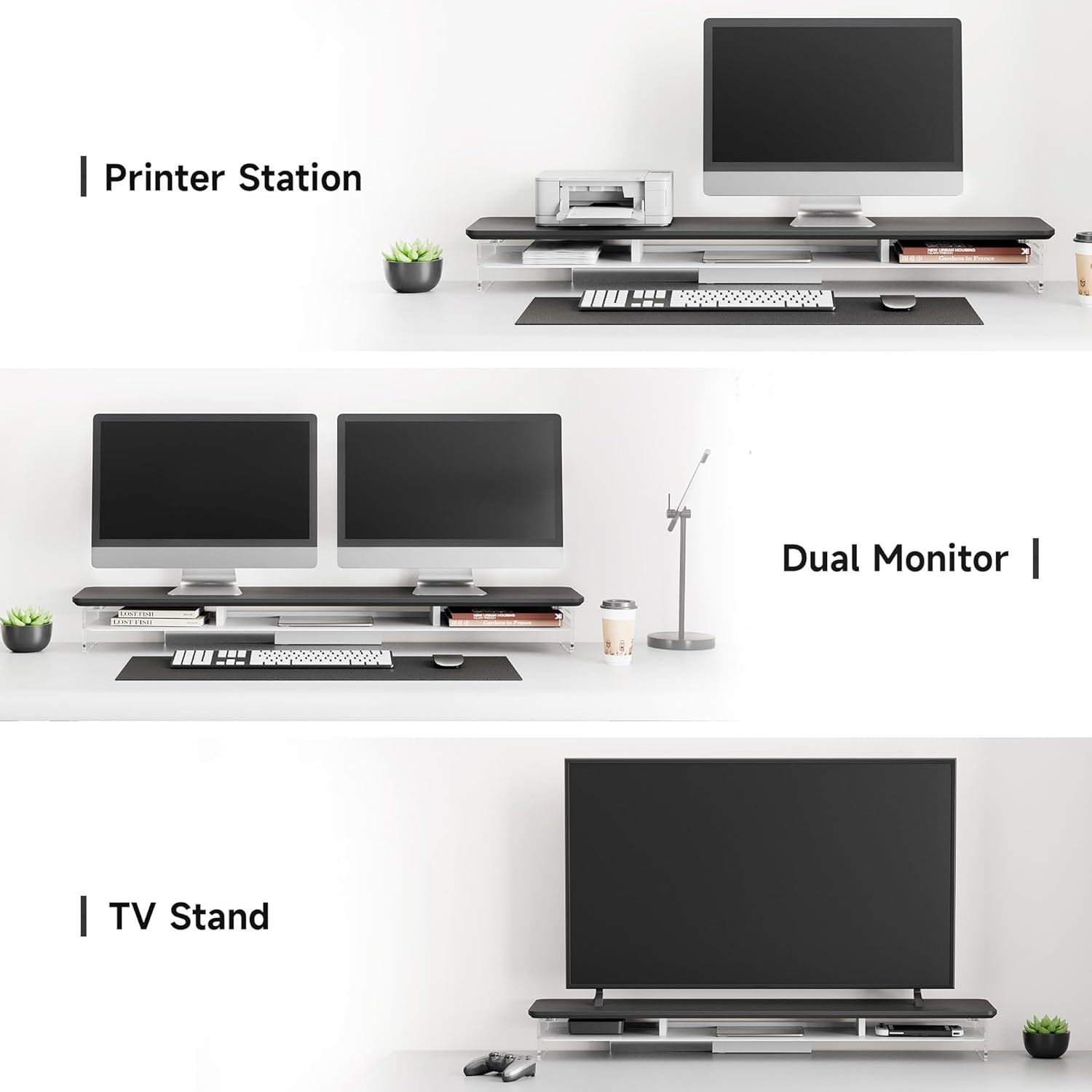 image:imageFenge Acrylic Monitor Stand Riser 425 Inches Dual Monitor Stand with Metal Storage 2 Tier Acrylic Computer Riser for Desk Clear Laptop Stand for PC Laptop Printer TV WhiteBlack