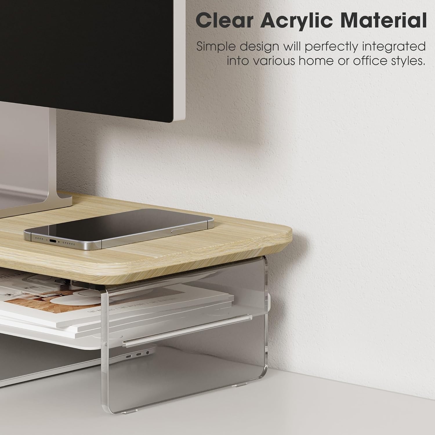 image:imageFenge Acrylic Monitor Stand Riser 425 Inches Dual Monitor Stand with Metal Storage 2 Tier Acrylic Computer Riser for Desk Clear Laptop Stand for PC Laptop Printer TV WhiteOak