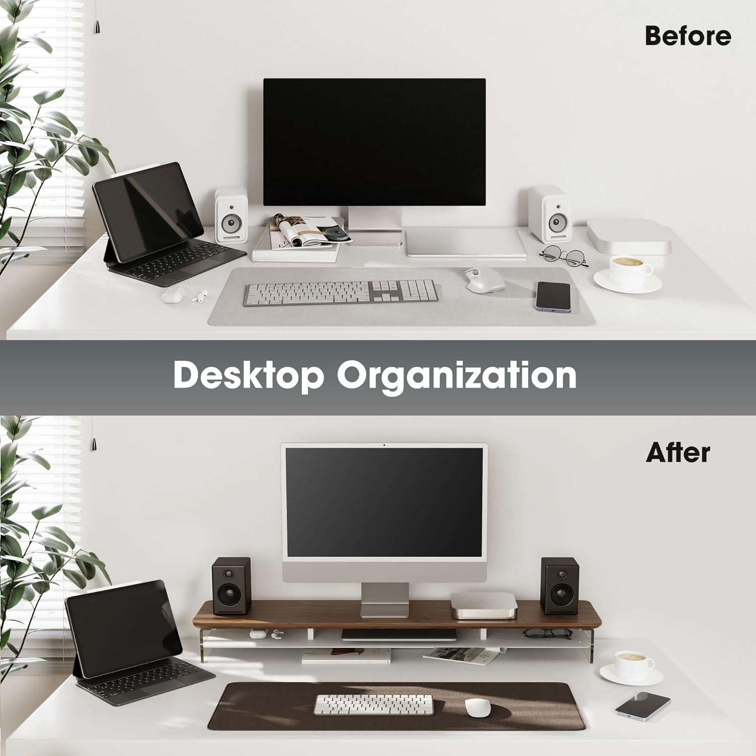image:imageFenge Acrylic Monitor Stand Riser 425 Inches Dual Monitor Stand with Metal Storage 2 Tier Acrylic Computer Riser for Desk Clear Laptop Stand for PC Laptop Printer TV WhiteBrown