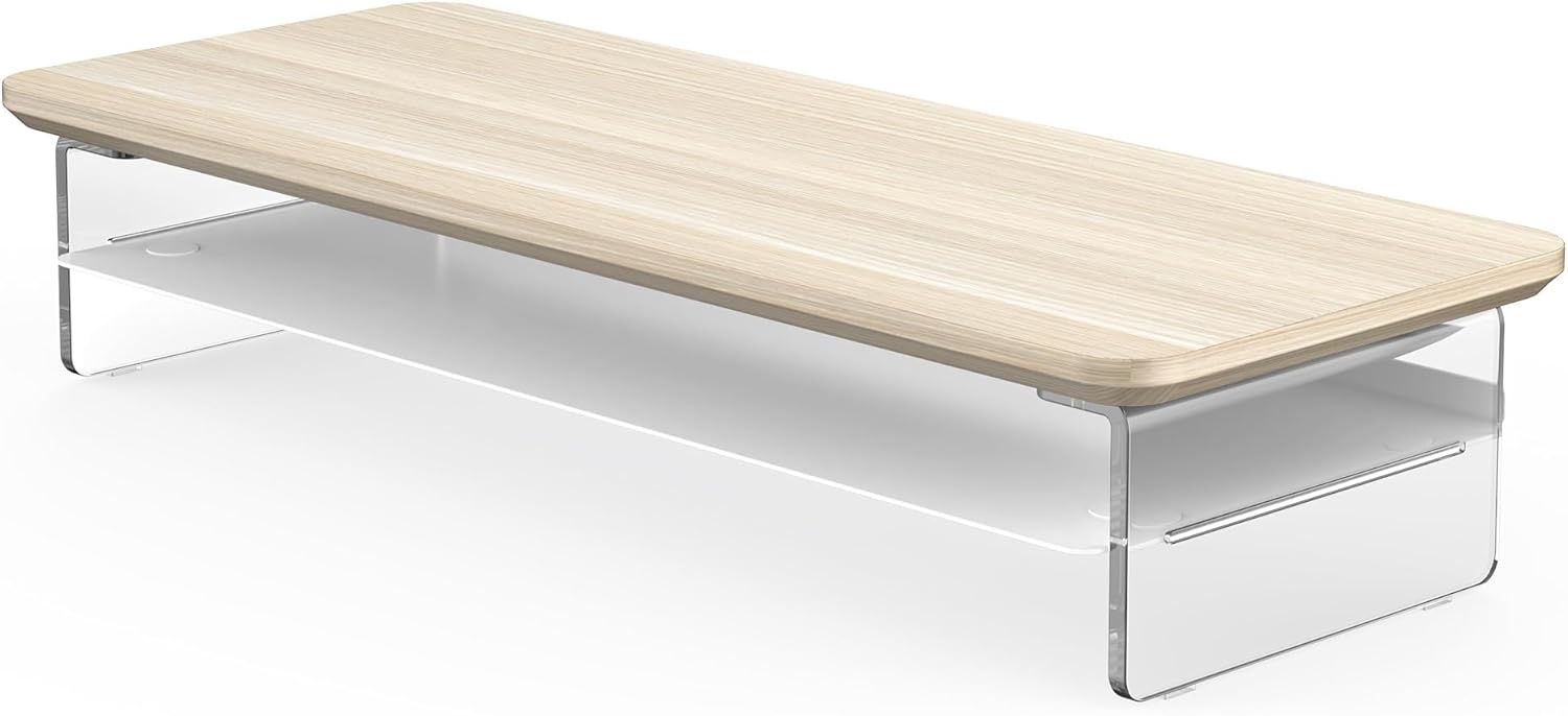 image:imageFenge Acrylic Monitor Stand Riser 425 Inches Dual Monitor Stand with Metal Storage 2 Tier Acrylic Computer Riser for Desk Clear Laptop Stand for PC Laptop Printer TV WhiteOak