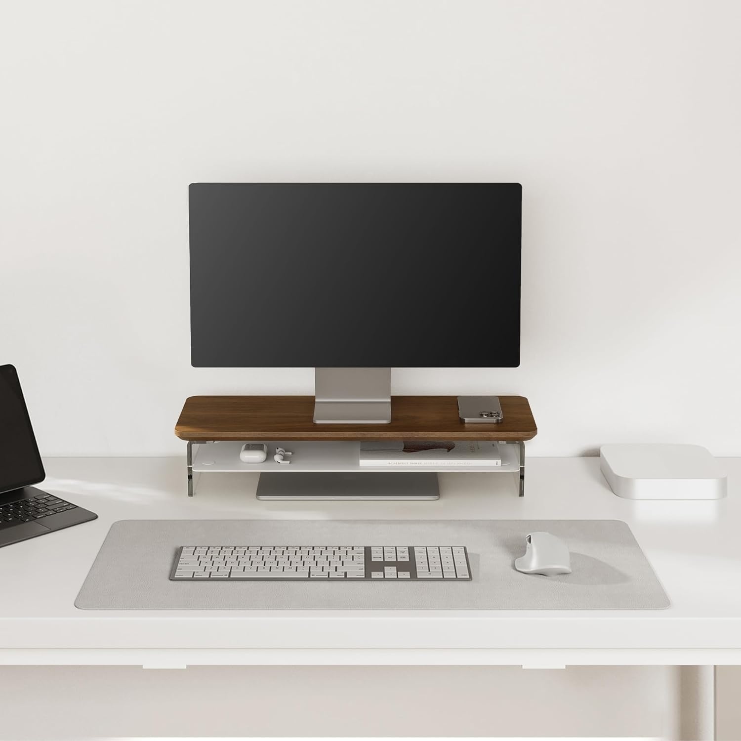 image:imageFenge Acrylic Monitor Stand Riser 425 Inches Dual Monitor Stand with Metal Storage 2 Tier Acrylic Computer Riser for Desk Clear Laptop Stand for PC Laptop Printer TV WhiteBrown