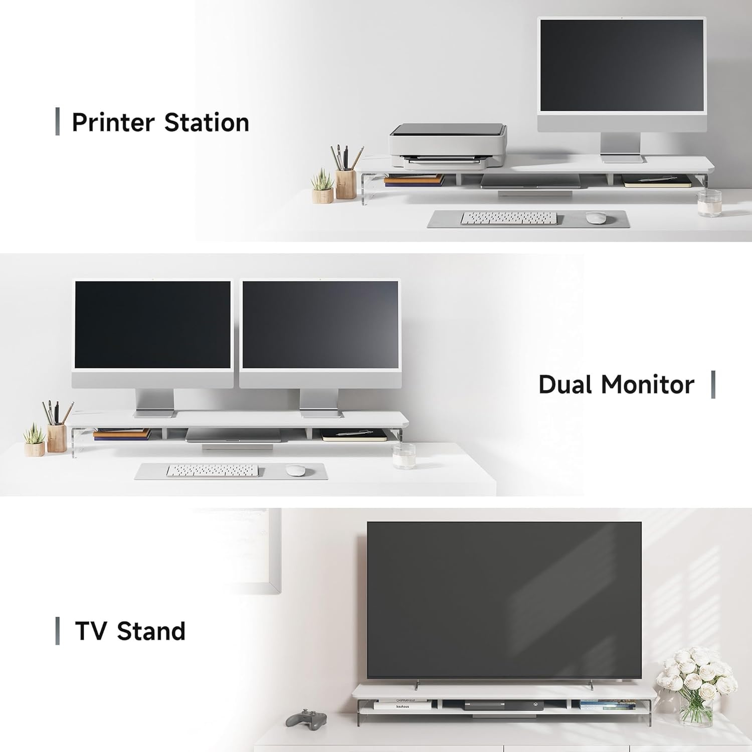 image:imageFenge Acrylic Monitor Stand Riser 425 Inches Dual Monitor Stand with Metal Storage 2 Tier Acrylic Computer Riser for Desk Clear Laptop Stand for PC Laptop Printer TV WhiteWhite
