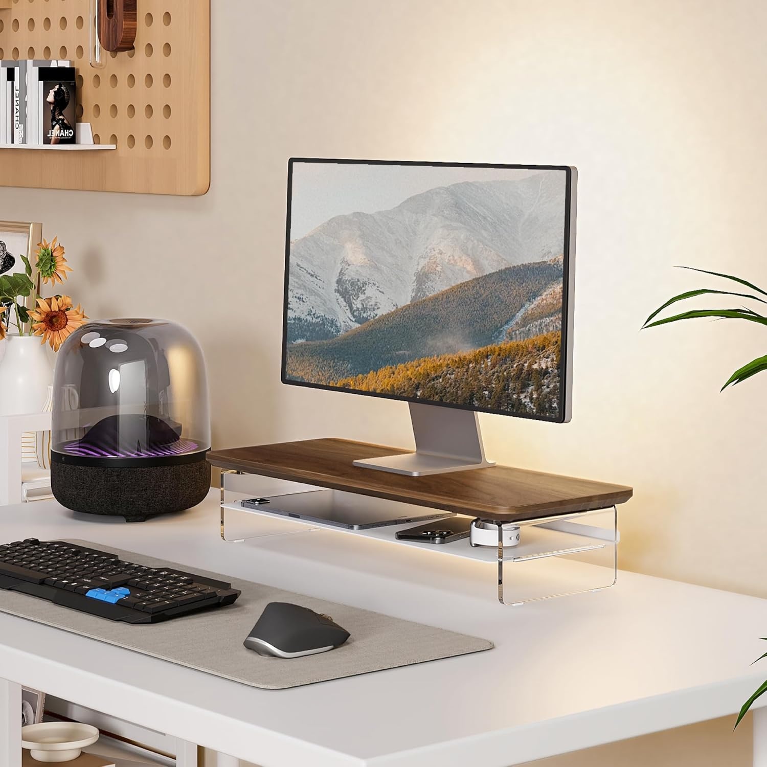 image:imageFenge Acrylic Monitor Stand Riser 425 Inches Dual Monitor Stand with Metal Storage 2 Tier Acrylic Computer Riser for Desk Clear Laptop Stand for PC Laptop Printer TV WhiteBrown