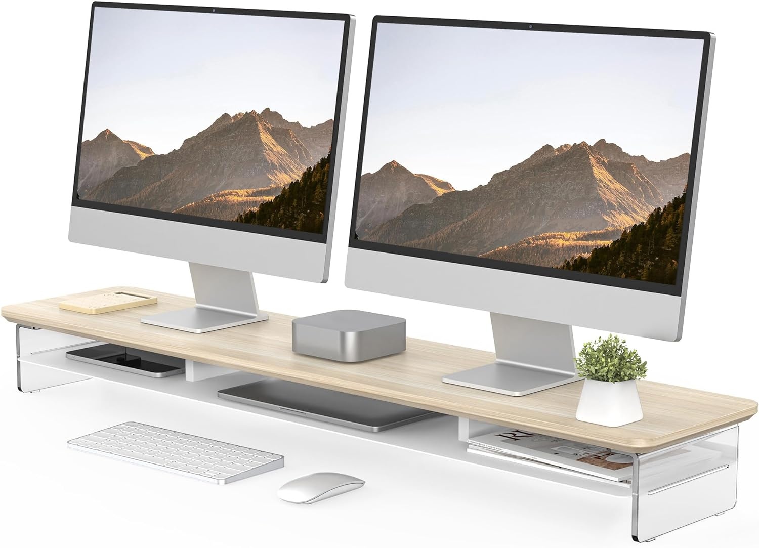 image:imageFenge Acrylic Monitor Stand Riser 425 Inches Dual Monitor Stand with Metal Storage 2 Tier Acrylic Computer Riser for Desk Clear Laptop Stand for PC Laptop Printer TV WhiteOak