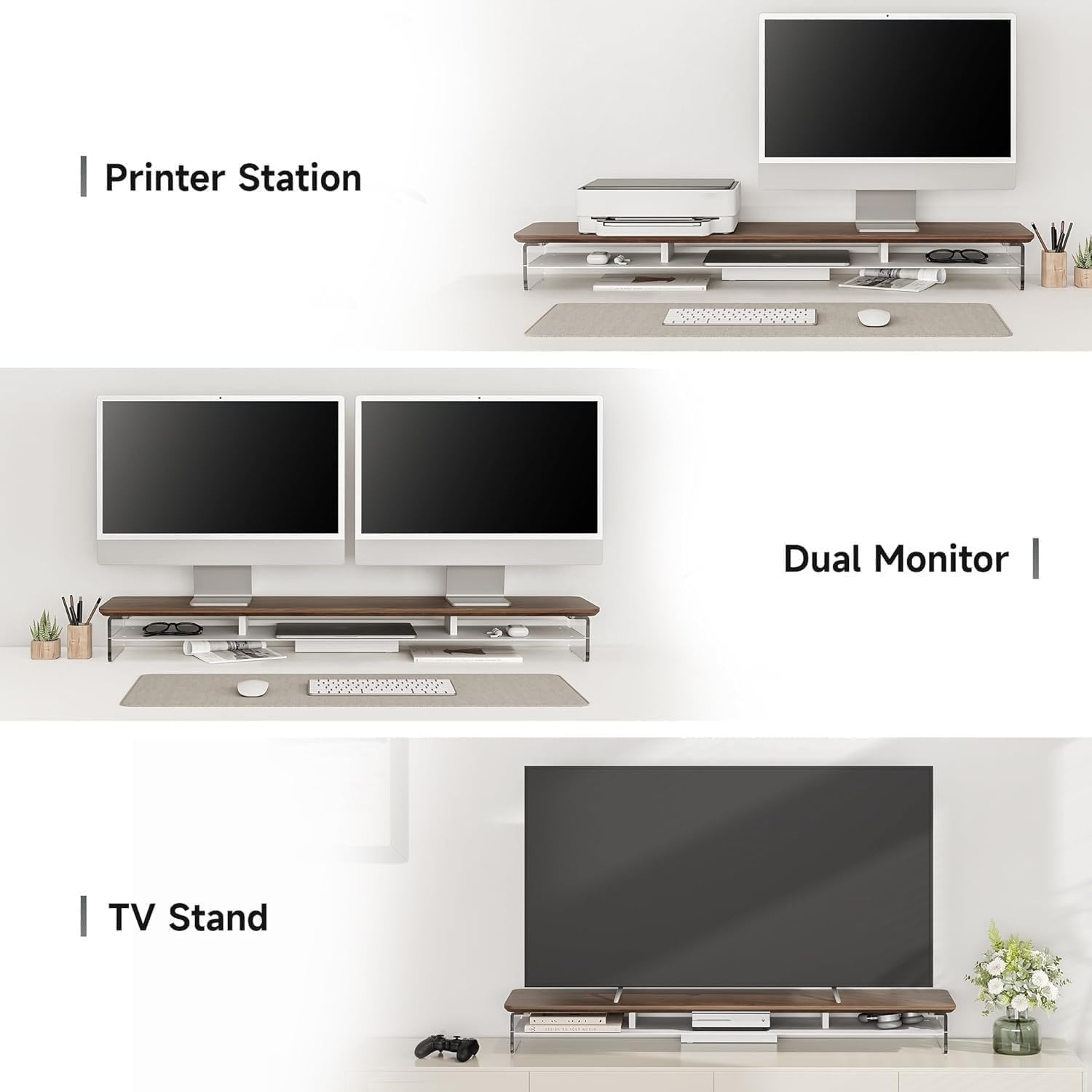 image:imageFenge Acrylic Monitor Stand Riser 425 Inches Dual Monitor Stand with Metal Storage 2 Tier Acrylic Computer Riser for Desk Clear Laptop Stand for PC Laptop Printer TV WhiteBrown