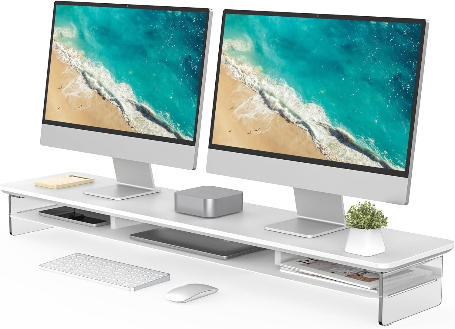image:imageFenge Acrylic Monitor Stand Riser 425 Inches Dual Monitor Stand with Metal Storage 2 Tier Acrylic Computer Riser for Desk Clear Laptop Stand for PC Laptop Printer TV WhiteWhite