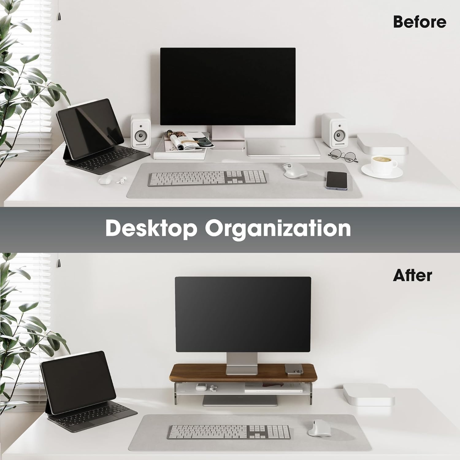 image:imageFenge Acrylic Monitor Stand Riser 425 Inches Dual Monitor Stand with Metal Storage 2 Tier Acrylic Computer Riser for Desk Clear Laptop Stand for PC Laptop Printer TV WhiteBrown