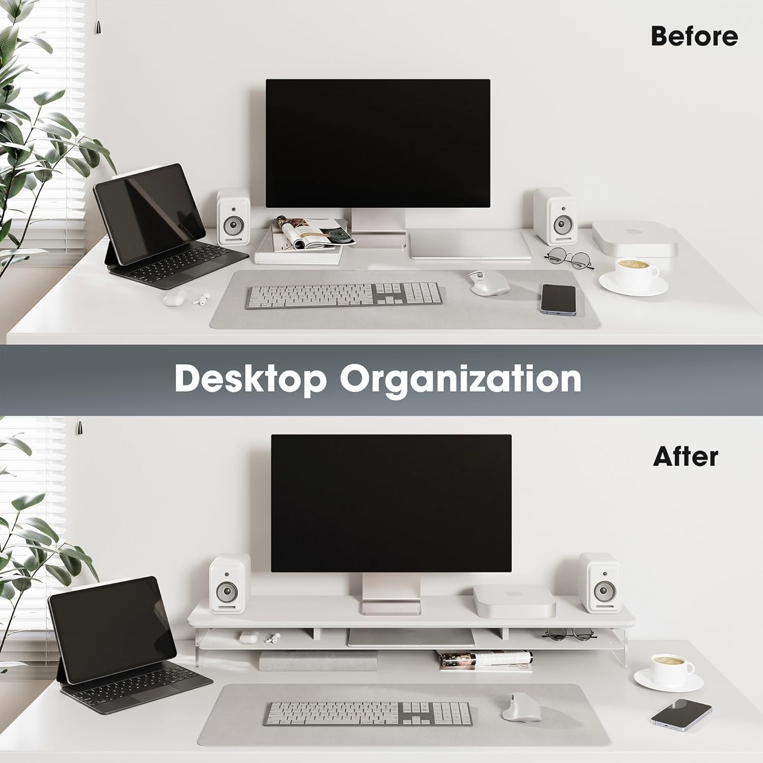 image:imageFenge Acrylic Monitor Stand Riser 425 Inches Dual Monitor Stand with Metal Storage 2 Tier Acrylic Computer Riser for Desk Clear Laptop Stand for PC Laptop Printer TV WhiteWhite