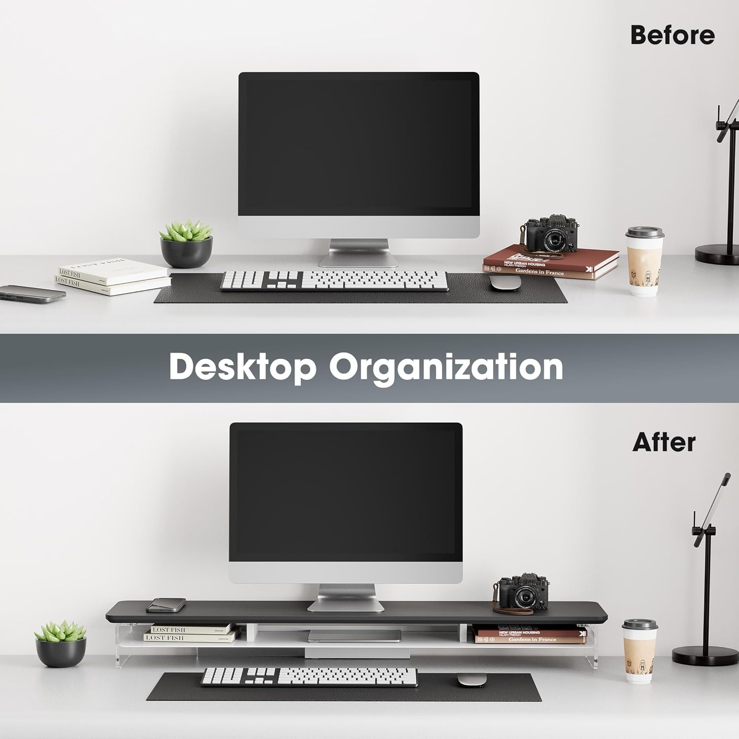 image:imageFenge Acrylic Monitor Stand Riser 425 Inches Dual Monitor Stand with Metal Storage 2 Tier Acrylic Computer Riser for Desk Clear Laptop Stand for PC Laptop Printer TV WhiteBlack