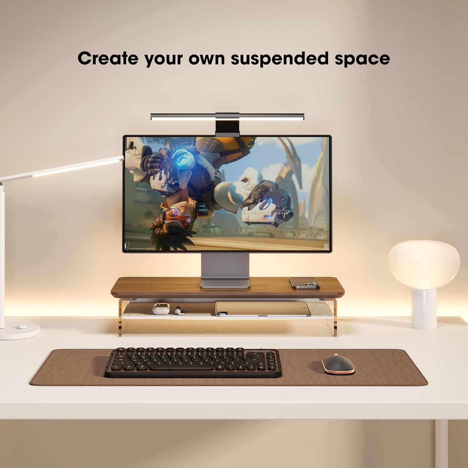 image:imageFenge Acrylic Monitor Stand Riser 425 Inches Dual Monitor Stand with Metal Storage 2 Tier Acrylic Computer Riser for Desk Clear Laptop Stand for PC Laptop Printer TV WhiteBrown