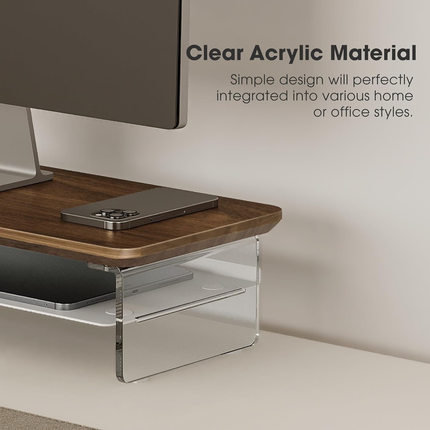 image:imageFenge Acrylic Monitor Stand Riser 425 Inches Dual Monitor Stand with Metal Storage 2 Tier Acrylic Computer Riser for Desk Clear Laptop Stand for PC Laptop Printer TV WhiteBrown