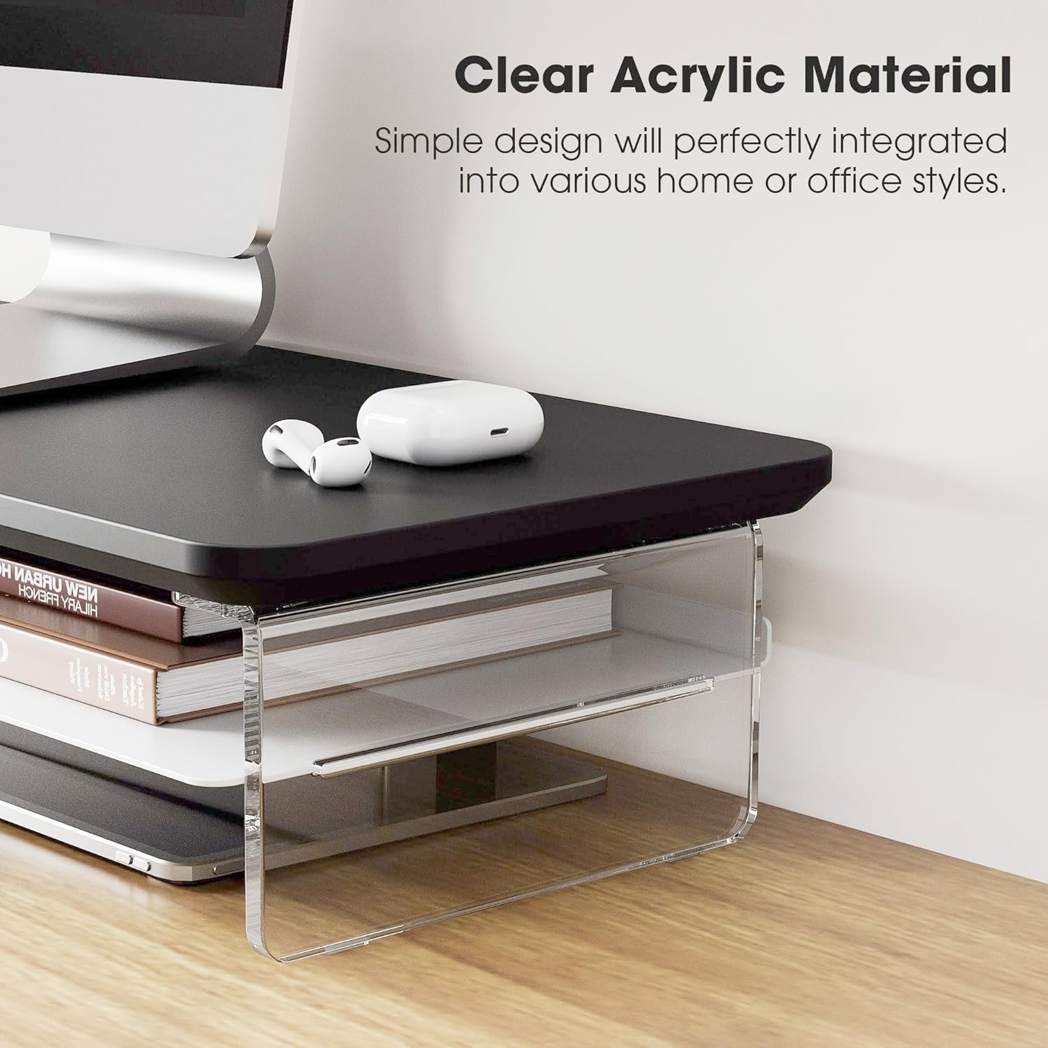 image:imageFenge Acrylic Monitor Stand Riser 425 Inches Dual Monitor Stand with Metal Storage 2 Tier Acrylic Computer Riser for Desk Clear Laptop Stand for PC Laptop Printer TV WhiteBlack