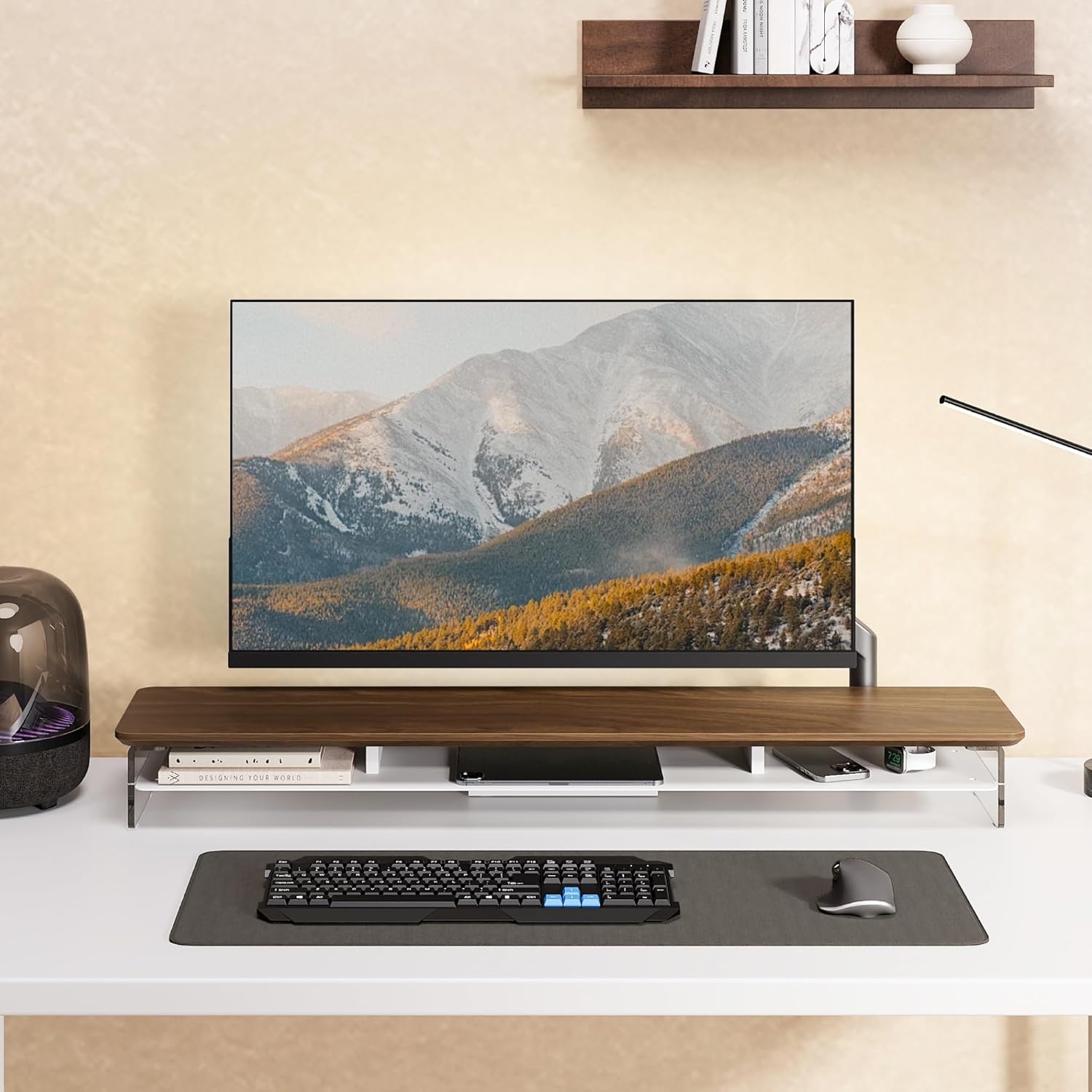 image:imageFenge Acrylic Monitor Stand Riser 425 Inches Dual Monitor Stand with Metal Storage 2 Tier Acrylic Computer Riser for Desk Clear Laptop Stand for PC Laptop Printer TV WhiteBrown