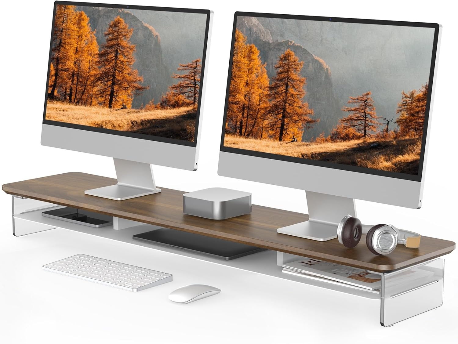 image:imageFenge Acrylic Monitor Stand Riser 425 Inches Dual Monitor Stand with Metal Storage 2 Tier Acrylic Computer Riser for Desk Clear Laptop Stand for PC Laptop Printer TV WhiteBrown