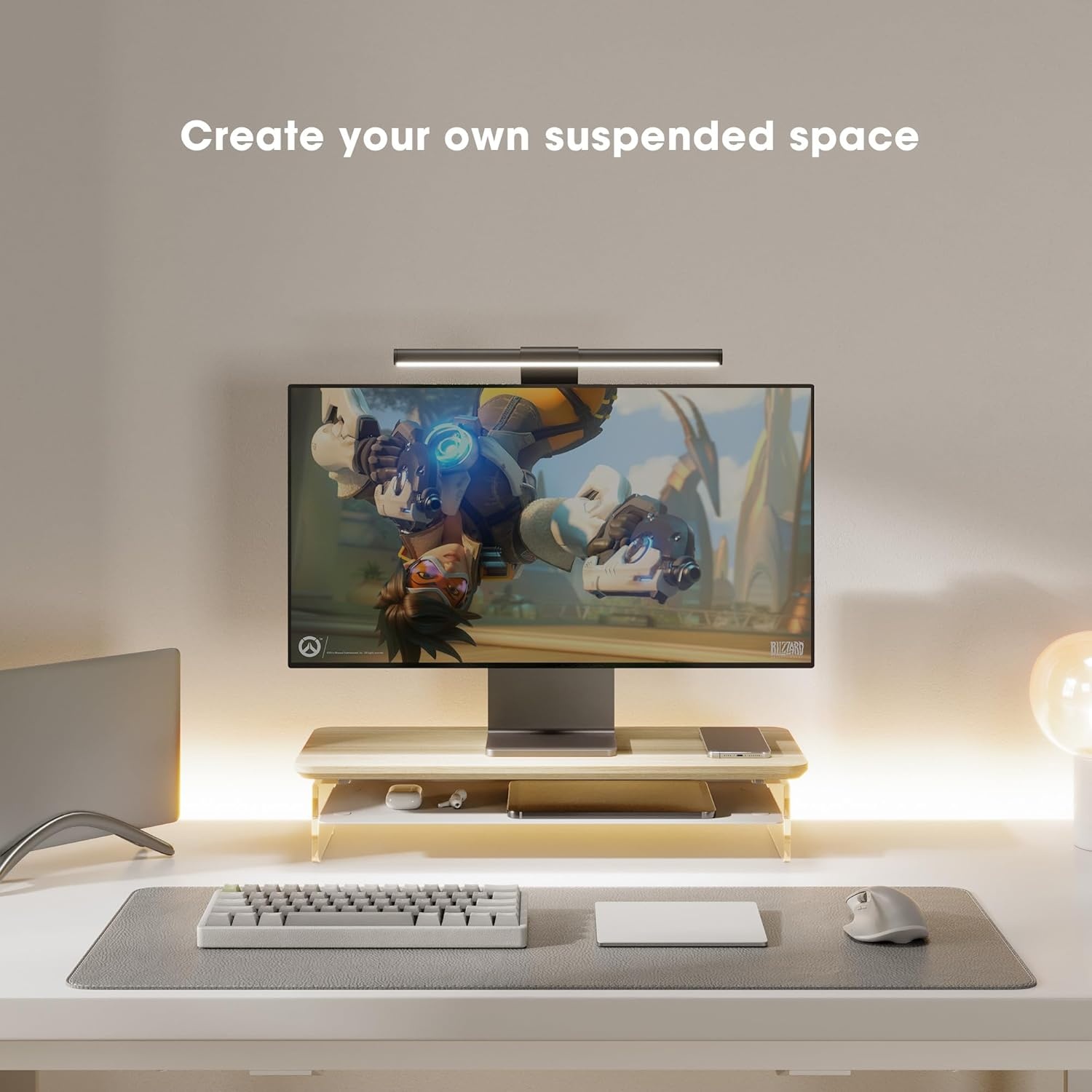 image:imageFenge Acrylic Monitor Stand Riser 425 Inches Dual Monitor Stand with Metal Storage 2 Tier Acrylic Computer Riser for Desk Clear Laptop Stand for PC Laptop Printer TV WhiteOak