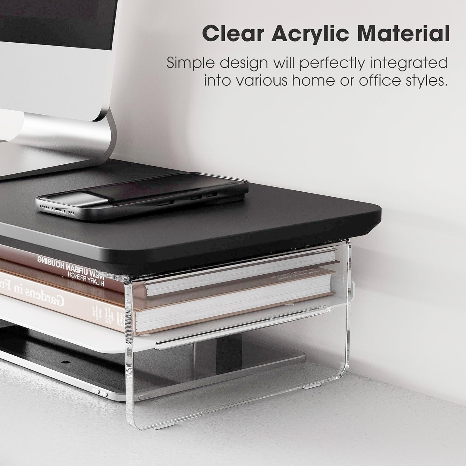 image:imageFenge Acrylic Monitor Stand Riser 425 Inches Dual Monitor Stand with Metal Storage 2 Tier Acrylic Computer Riser for Desk Clear Laptop Stand for PC Laptop Printer TV WhiteBlack