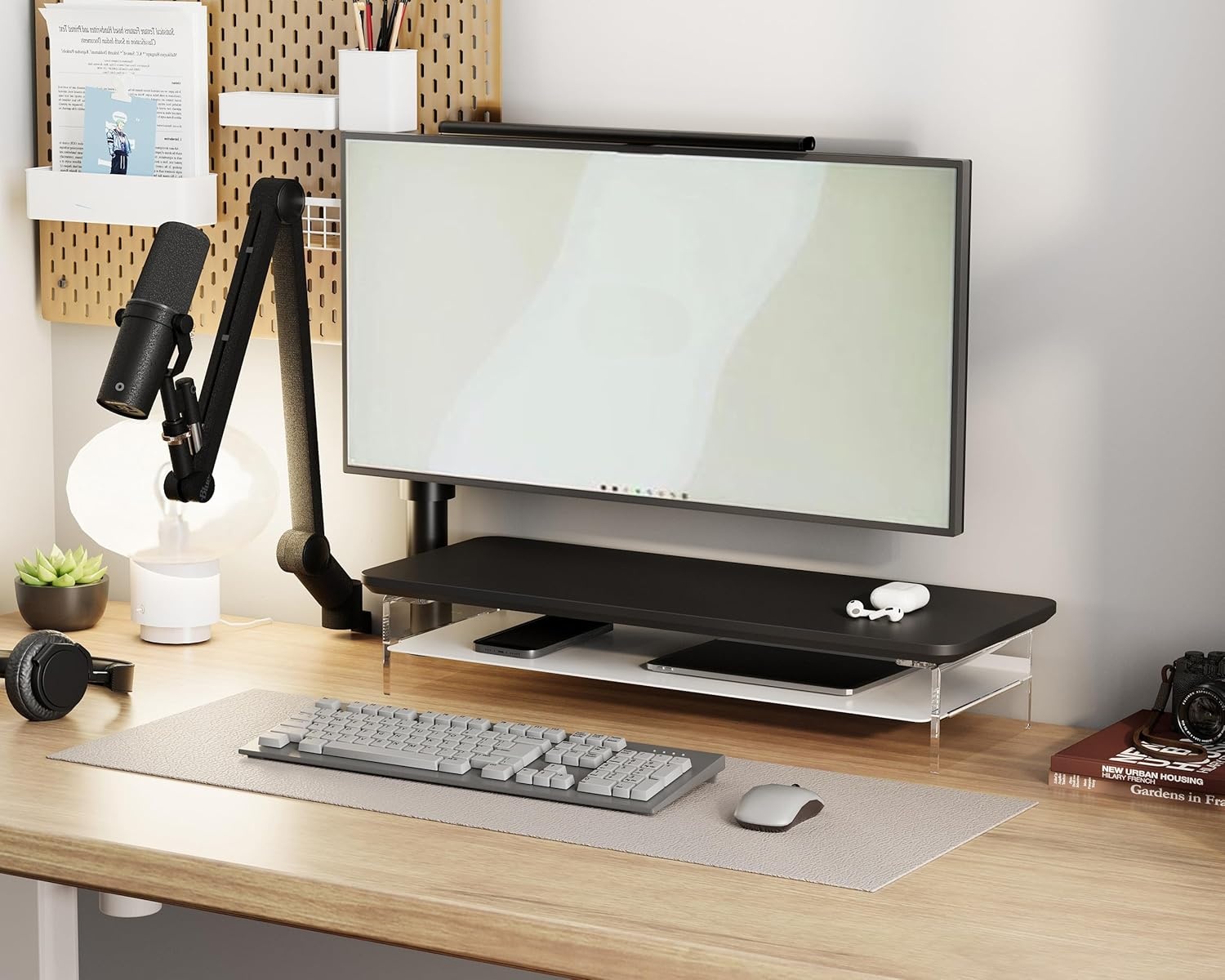 image:imageFenge Acrylic Monitor Stand Riser 425 Inches Dual Monitor Stand with Metal Storage 2 Tier Acrylic Computer Riser for Desk Clear Laptop Stand for PC Laptop Printer TV WhiteBlack