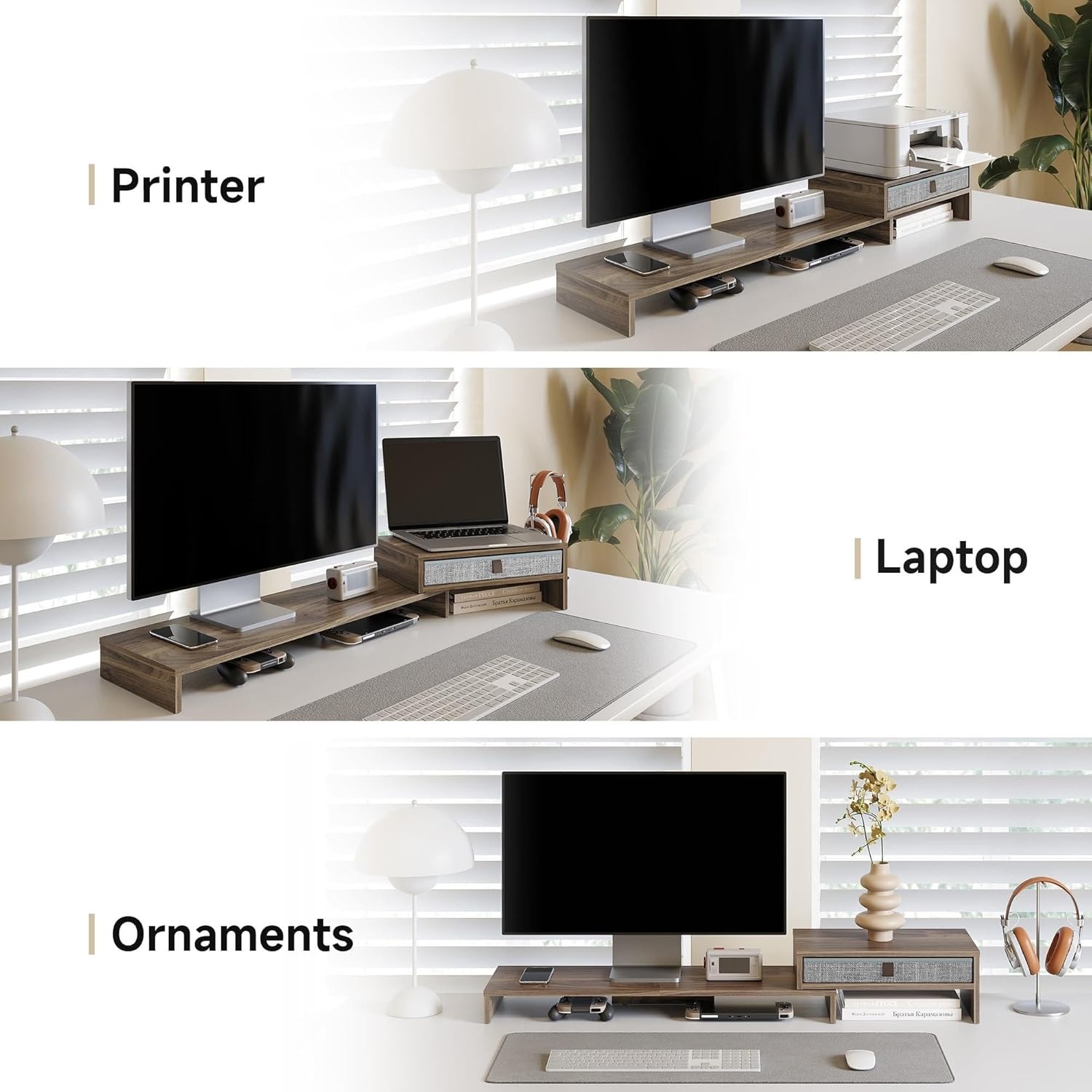 image:imageFenge Computer Monitor Riser Stand with Drawer for 2 or 3 Monitors Adjustable Length and Angle Desktop Laptop StandOffice OrganizerPrinterBlackBrown