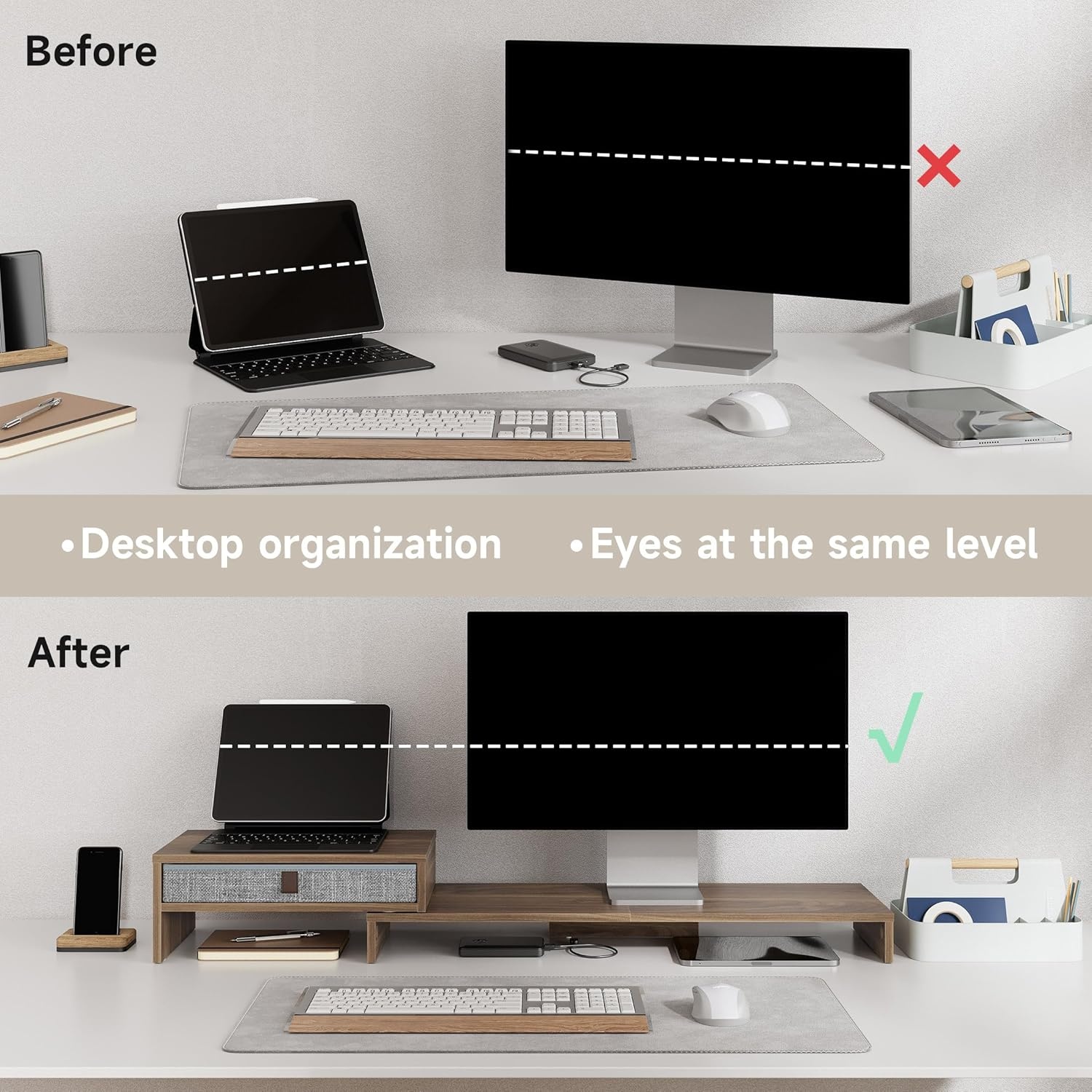 image:imageFenge Computer Monitor Riser Stand with Drawer for 2 or 3 Monitors Adjustable Length and Angle Desktop Laptop StandOffice OrganizerPrinterBlackBrown