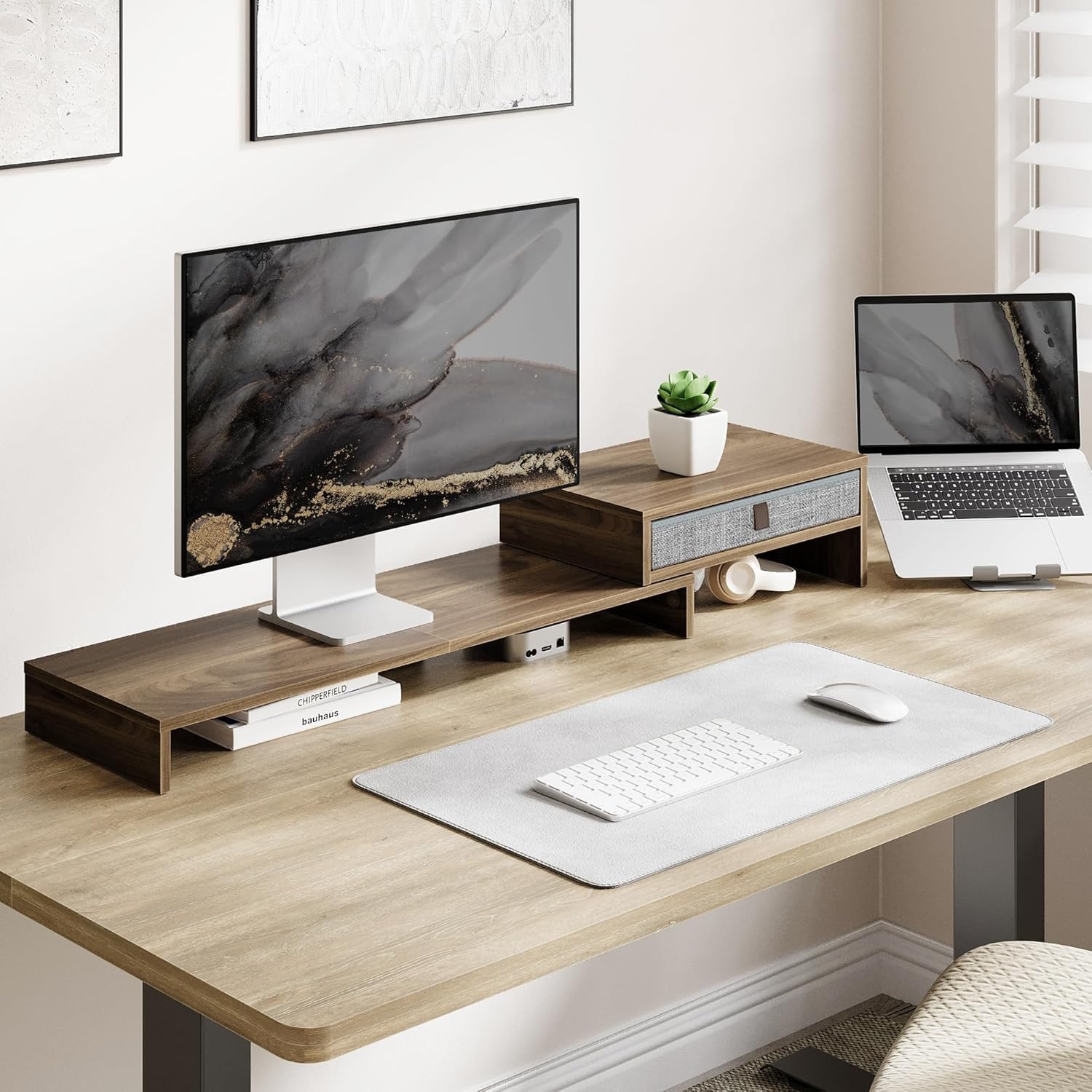 image:imageFenge Computer Monitor Riser Stand with Drawer for 2 or 3 Monitors Adjustable Length and Angle Desktop Laptop StandOffice OrganizerPrinterBlackBrown