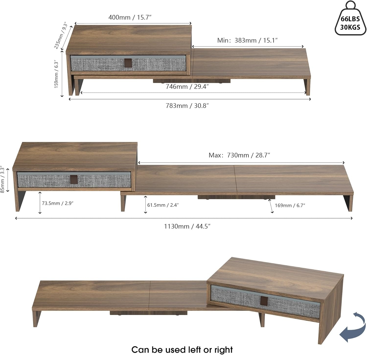 image:imageFenge Computer Monitor Riser Stand with Drawer for 2 or 3 Monitors Adjustable Length and Angle Desktop Laptop StandOffice OrganizerPrinterBlackBrown