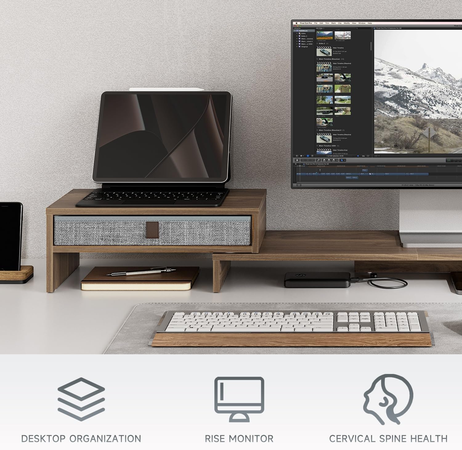 image:imageFenge Computer Monitor Riser Stand with Drawer for 2 or 3 Monitors Adjustable Length and Angle Desktop Laptop StandOffice OrganizerPrinterBlackBrown