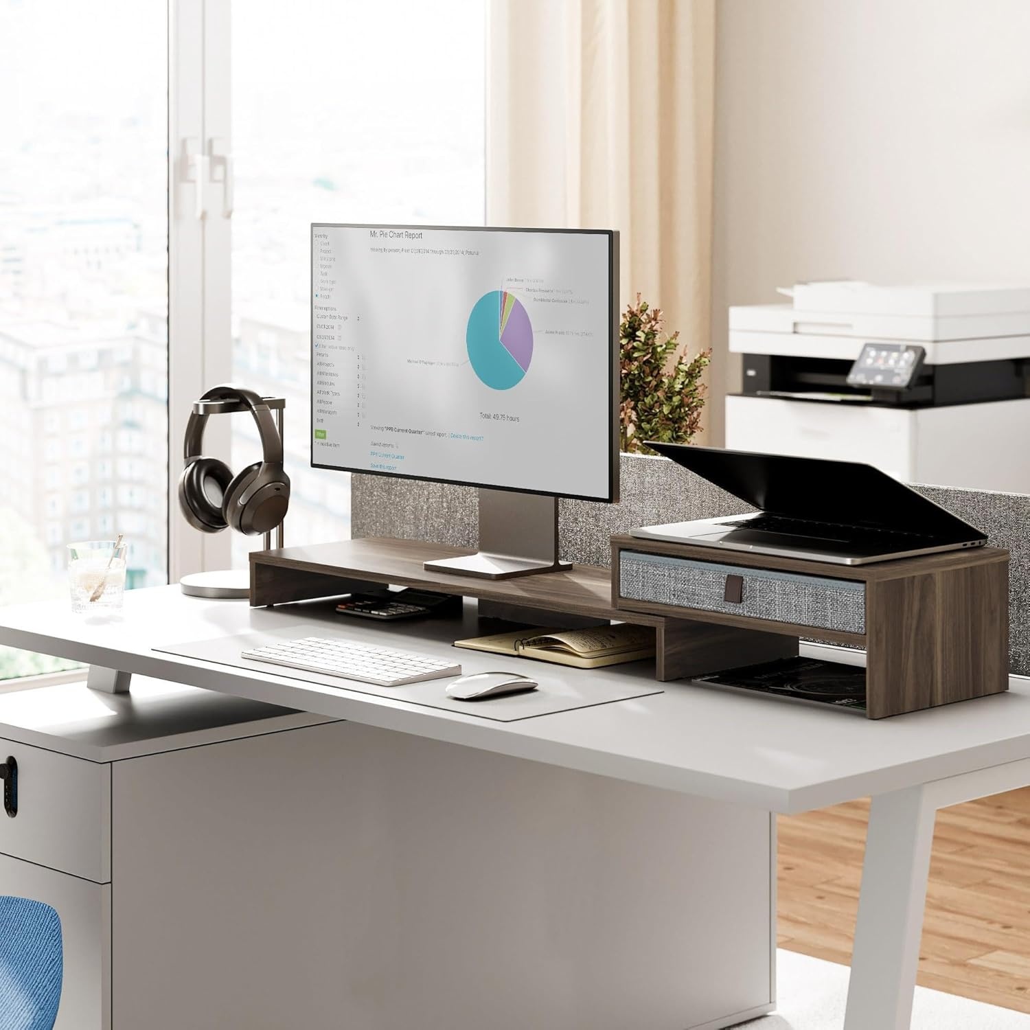 image:imageFenge Computer Monitor Riser Stand with Drawer for 2 or 3 Monitors Adjustable Length and Angle Desktop Laptop StandOffice OrganizerPrinterBlackBrown