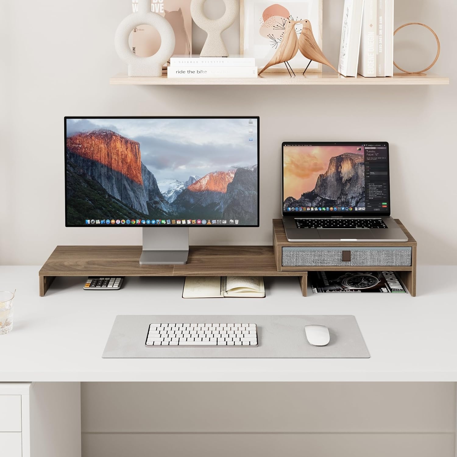 image:imageFenge Computer Monitor Riser Stand with Drawer for 2 or 3 Monitors Adjustable Length and Angle Desktop Laptop StandOffice OrganizerPrinterBlackBrown