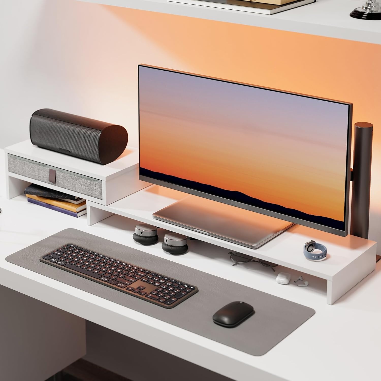 image:imageFenge Computer Monitor Riser Stand with Drawer for 2 or 3 Monitors Adjustable Length and Angle Desktop Laptop StandOffice OrganizerPrinterBlackWhite